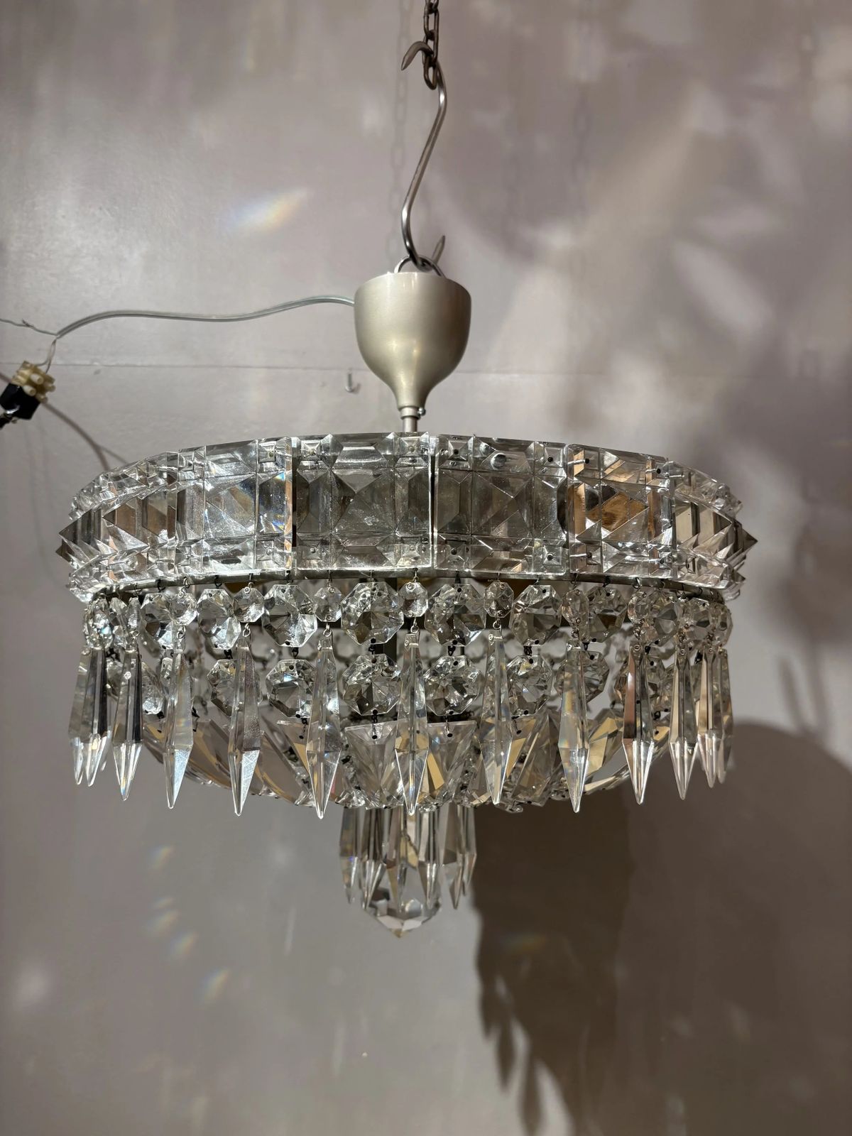 Italian Mid Century Chrome And Bohemian Crystal Flush Mount photo for sale