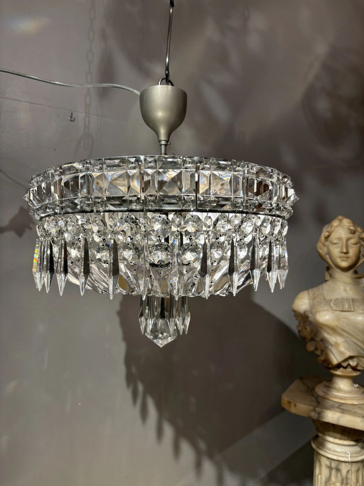 Italian Mid Century Chrome And Bohemian Crystal Flush Mount photo vintage