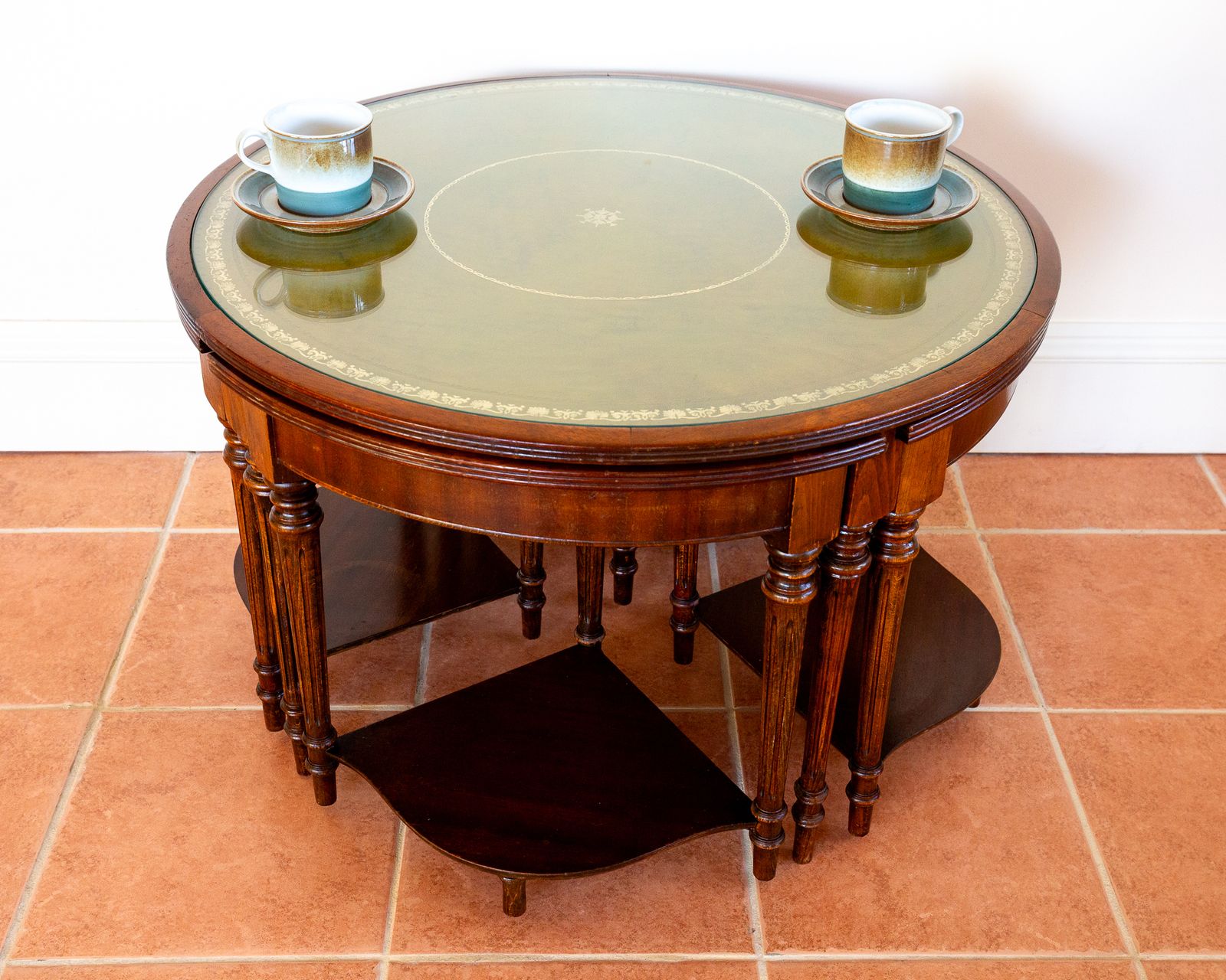 Campaign Style Leather Top Mahogany Nesting Centre Coffee Tables Glass Embossed Stencilled Leather Occasional Cocktail Tables Nest Of Tables Segmented photo vinterior