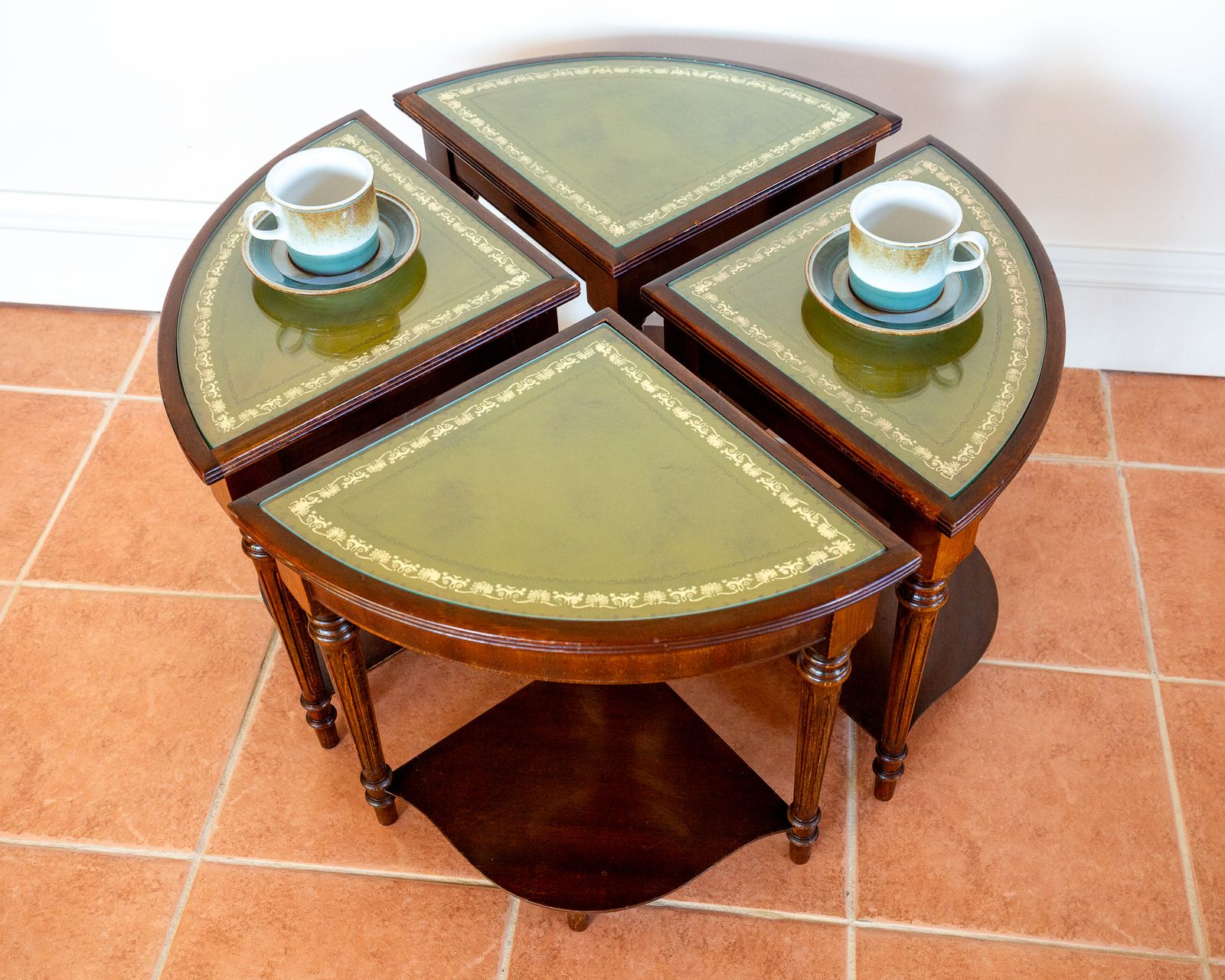 Campaign Style Leather Top Mahogany Nesting Centre Coffee Tables Glass Embossed Stencilled Leather Occasional Cocktail Tables Nest Of Tables Segmented photo buy
