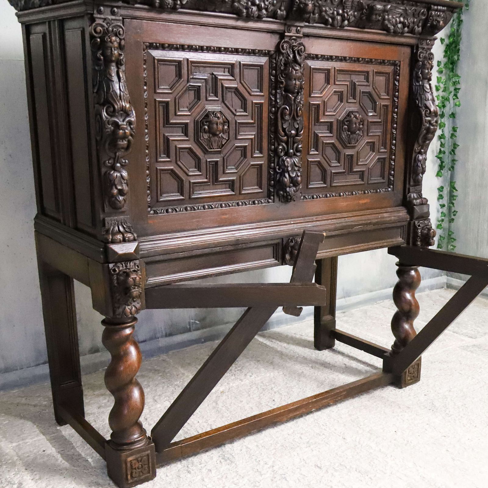 Furniture 19th Century Flemish Carved Oak Cabinet On Stand With Lion Masks C.1850 1880 photo