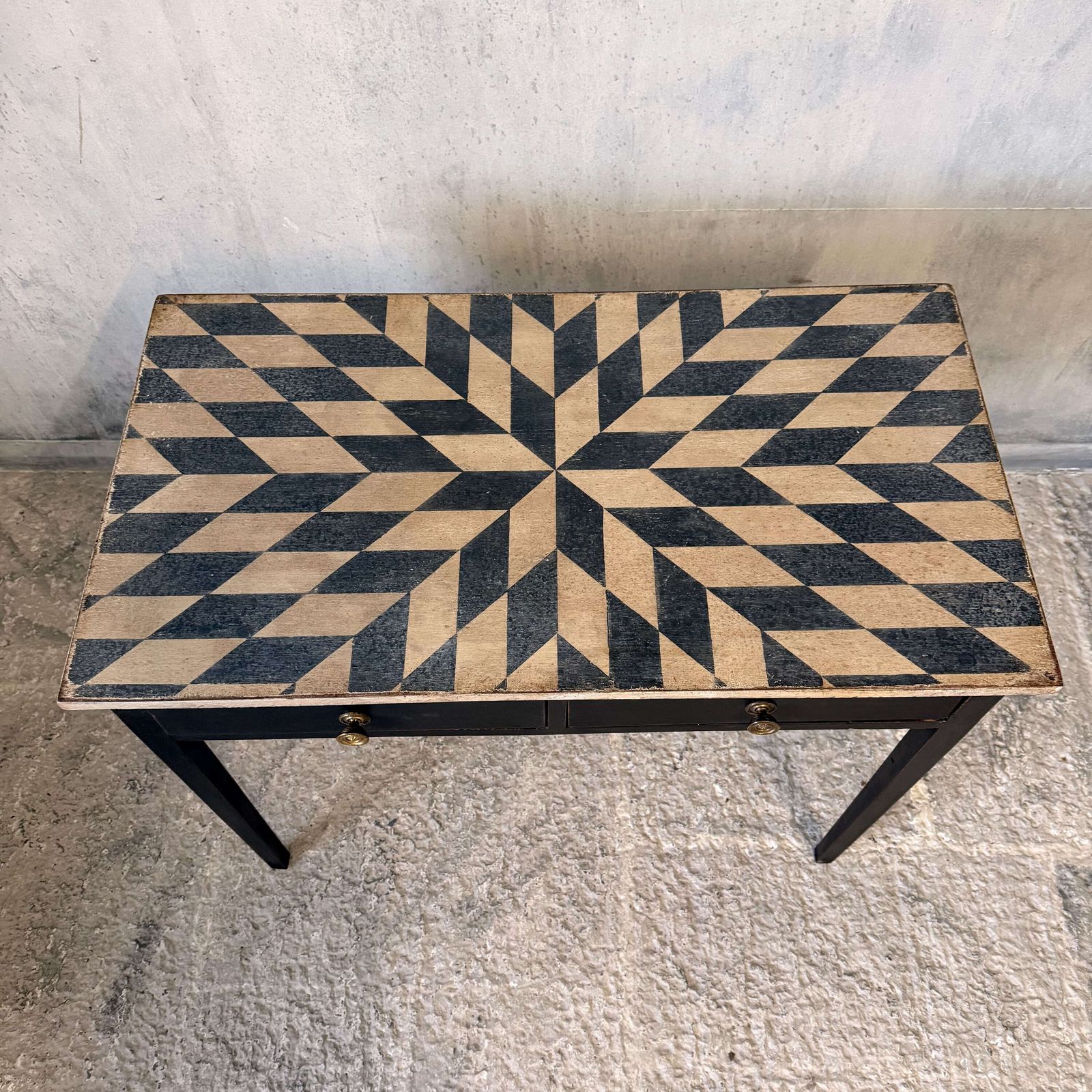 photo furniture Late Georgian Side Table With Two Drawers And Hand Painted Geometric Top C.1820