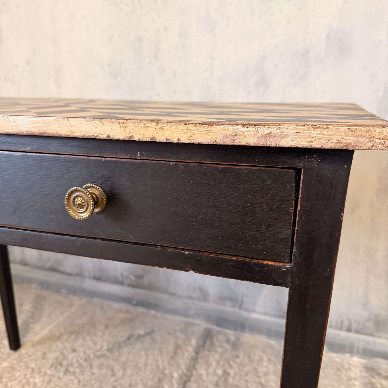 Furniture Late Georgian Side Table With Two Drawers And Hand Painted Geometric Top C.1820 photo