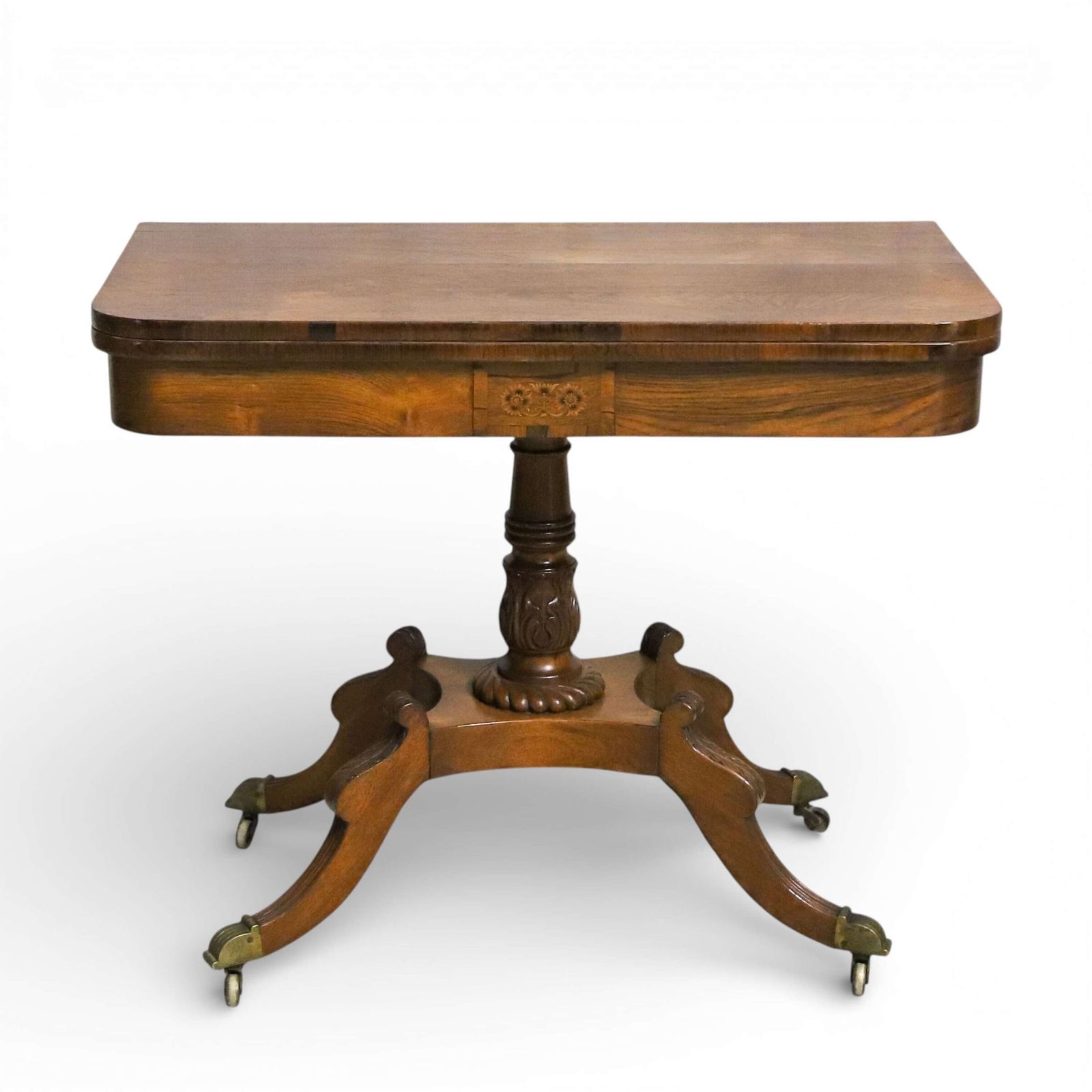 Regency Rosewood Tea Table With Fold Over Top And Original Brass Castors