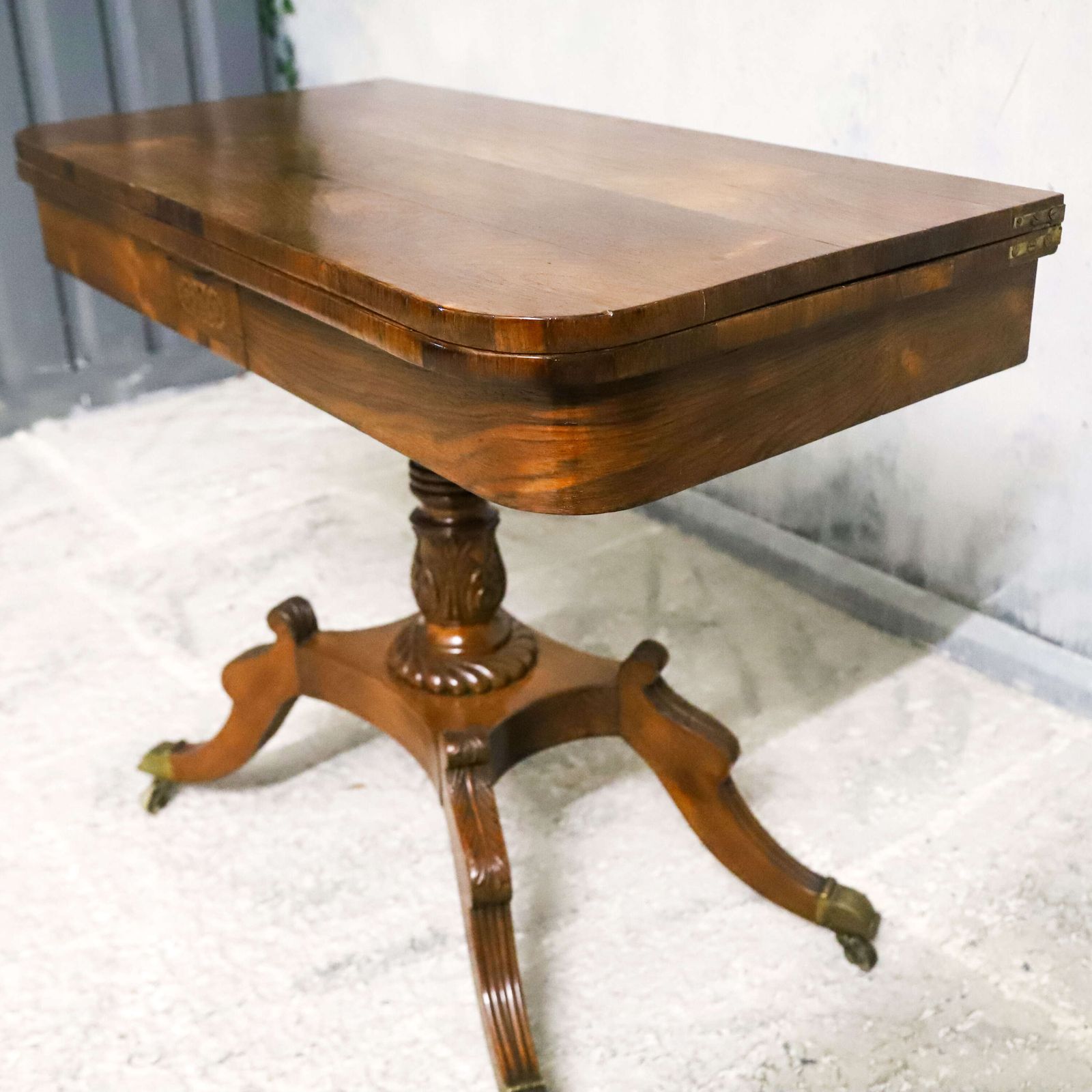 photo furniture Regency Rosewood Tea Table With Fold Over Top And Original Brass Castors