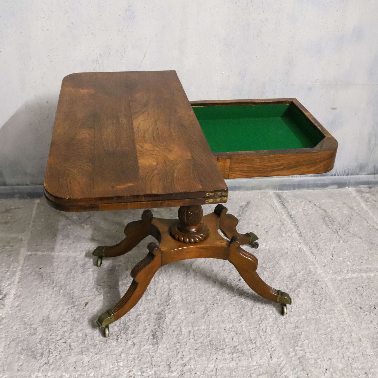 photo buy Regency Rosewood Tea Table With Fold Over Top And Original Brass Castors