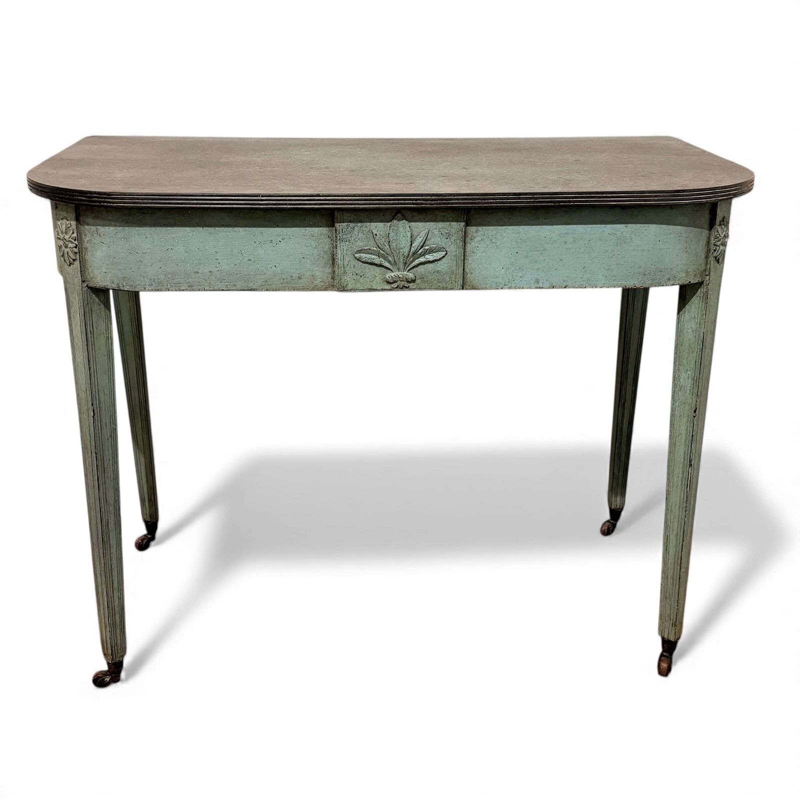 Later Painted Neoclassical Console Table With Carved Crest And Tapered Legs