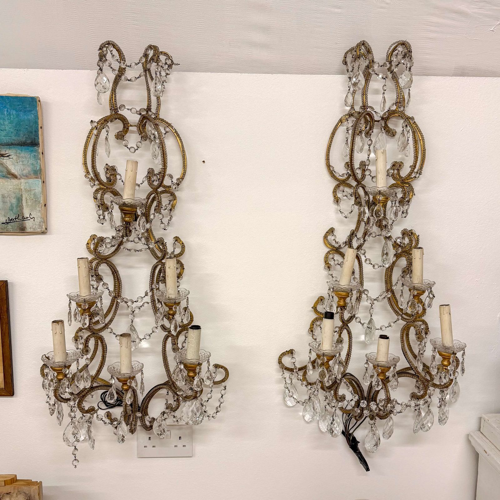 Pair Of English Crystal And Gilt Metal Wall Sconces — 20th Century photo furniture