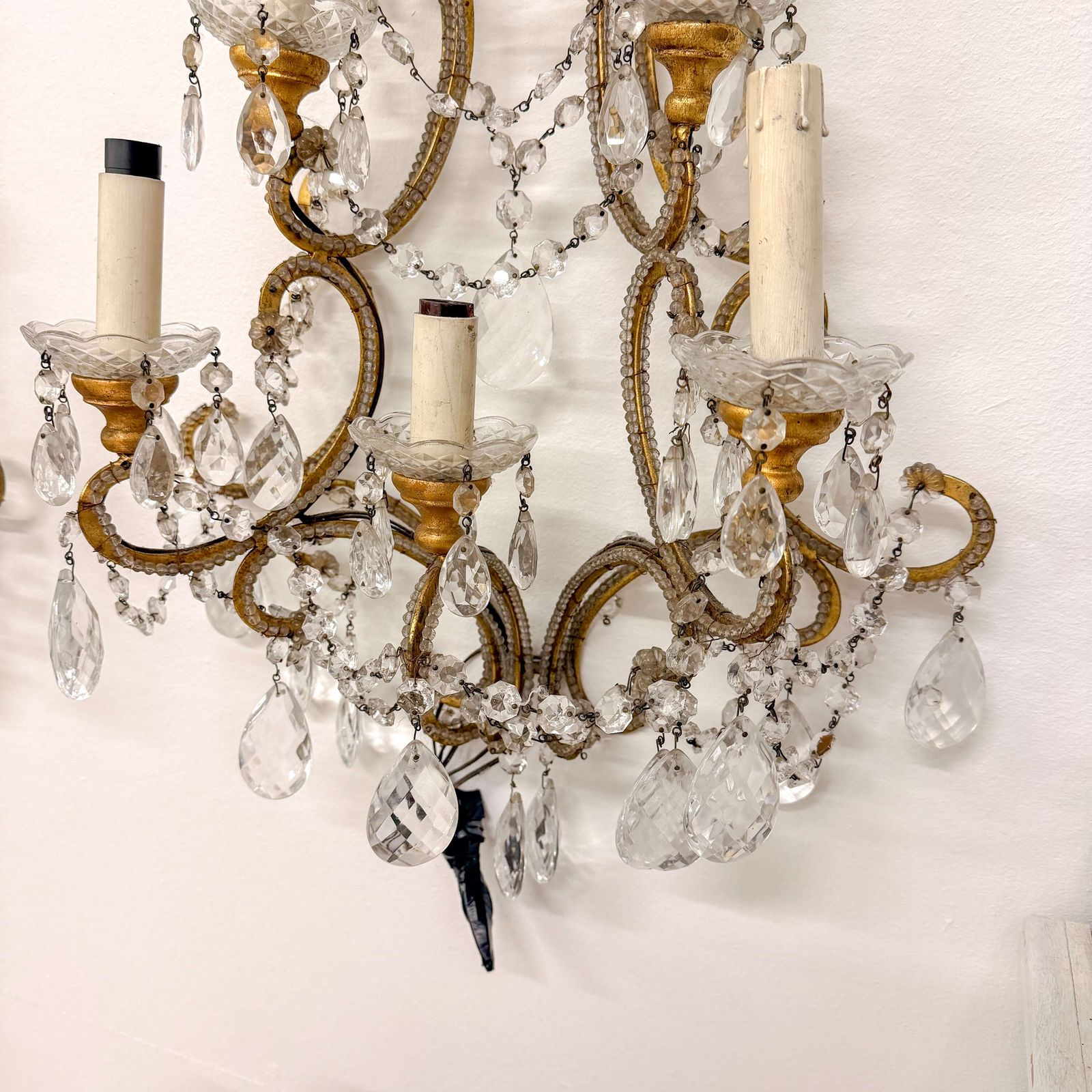 Pair Of English Crystal And Gilt Metal Wall Sconces — 20th Century photo for sale