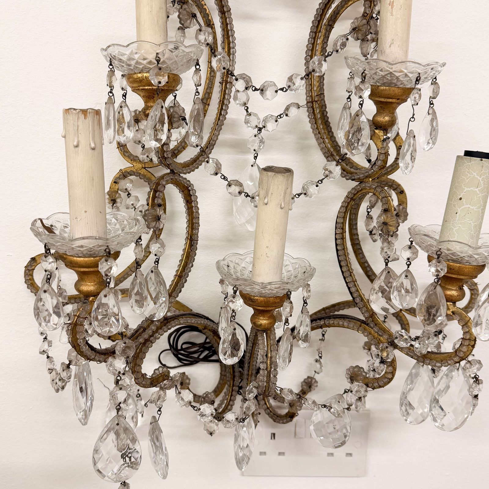 photo furniture Pair Of English Crystal And Gilt Metal Wall Sconces — 20th Century