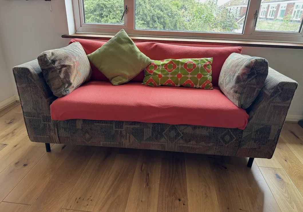 A Vintage Mid Century 3 Seater Sofa With An Aztec Geometric Design Jute Fabric. photo furniture