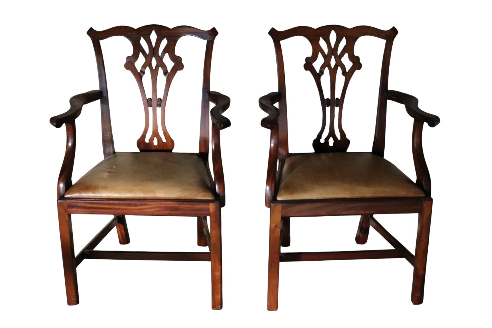 Set Of 6 Chippendale Style Mahogany Leather Seat Dining Chairs photo vinterior