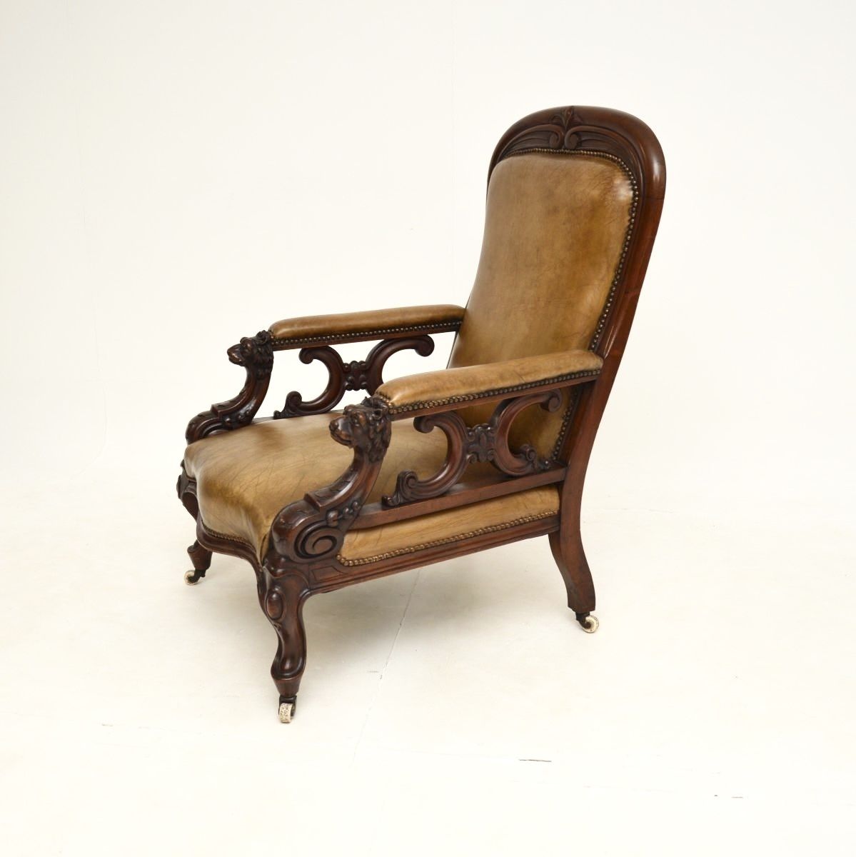 Antique Victorian Carved Mahogany And Leather Armchair photo furniture