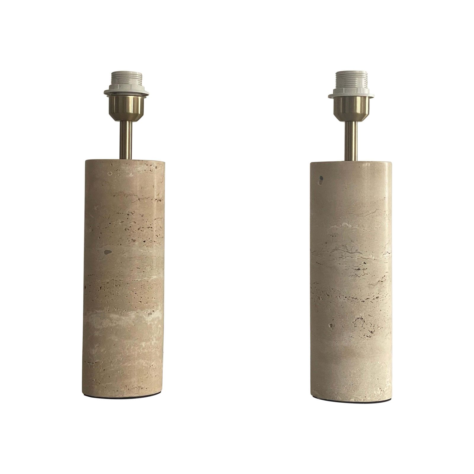 Cylindrical Design Travertine Pair Of Table Lamps, 1980s, Italy