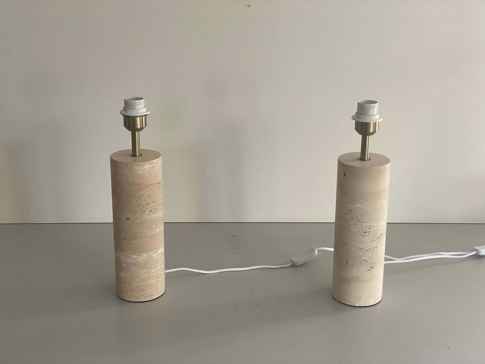 Cylindrical Design Travertine Pair Of Table Lamps, 1980s, Italy photo furniture