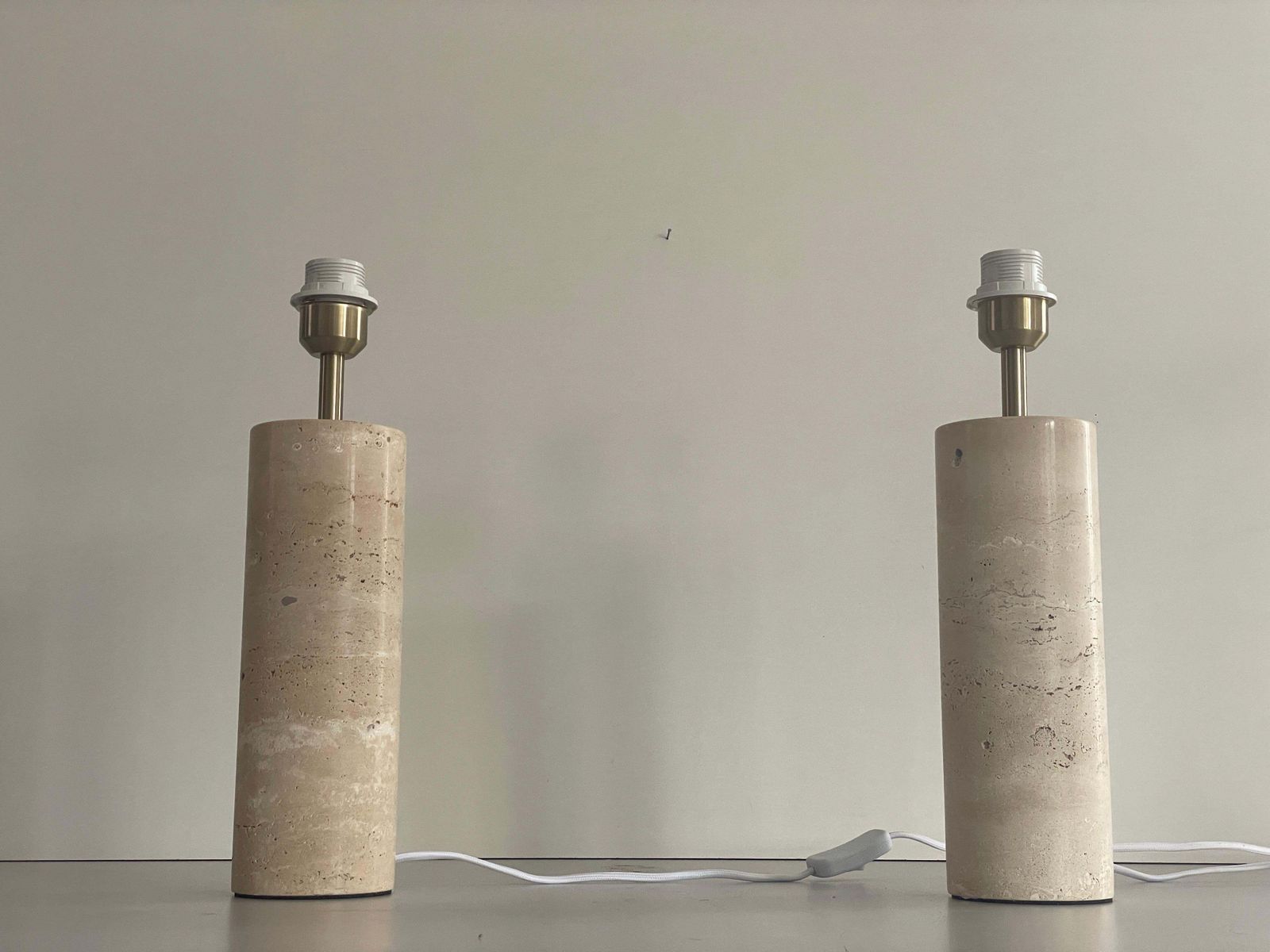 Cylindrical Design Travertine Pair Of Table Lamps, 1980s, Italy photo Lighting