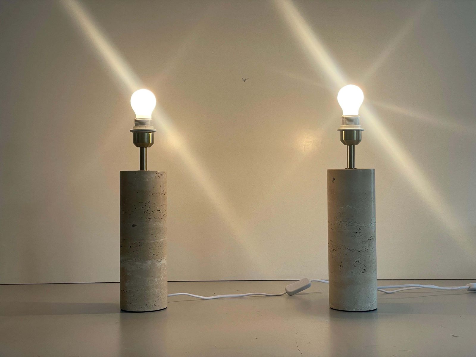 photo for sale Cylindrical Design Travertine Pair Of Table Lamps, 1980s, Italy