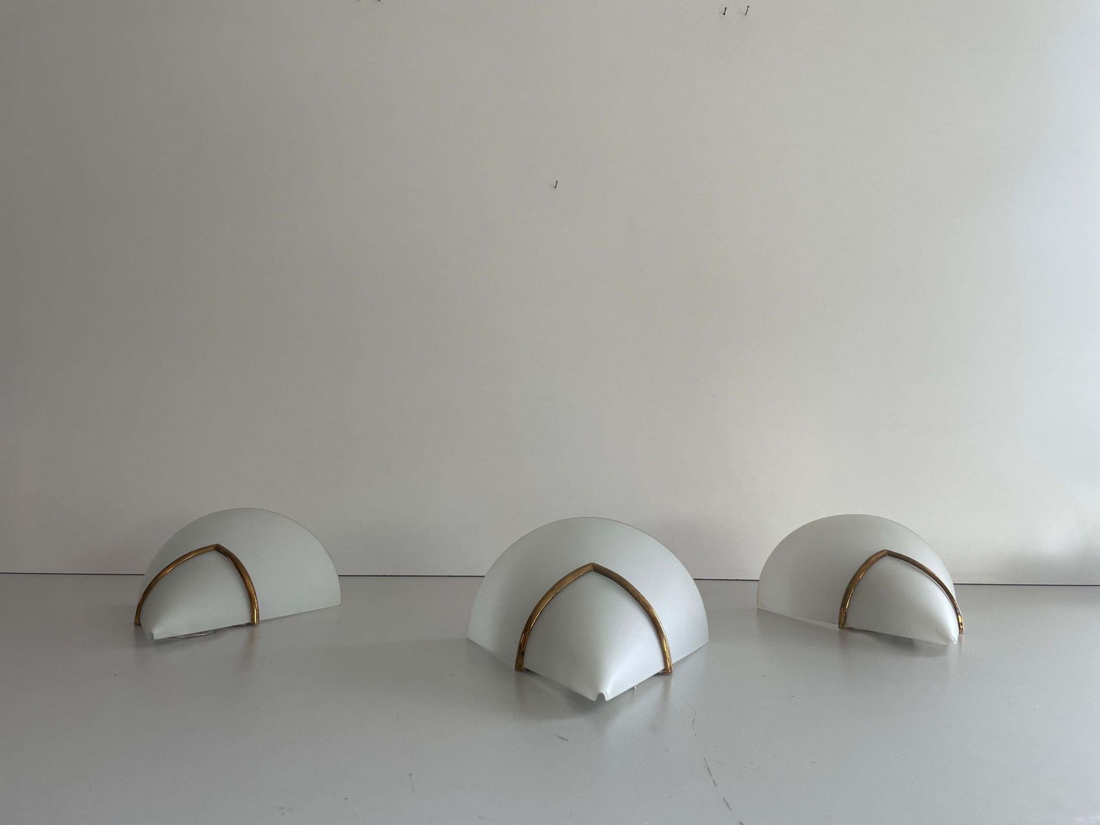 Mid Century Opal Glass And Brass Set Of Three Sconces, 1960s, Italy photo vinterior