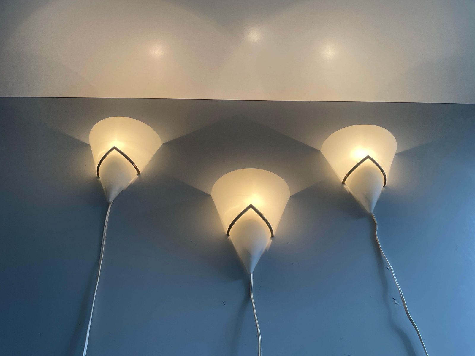 photo buy Mid Century Opal Glass And Brass Set Of Three Sconces, 1960s, Italy