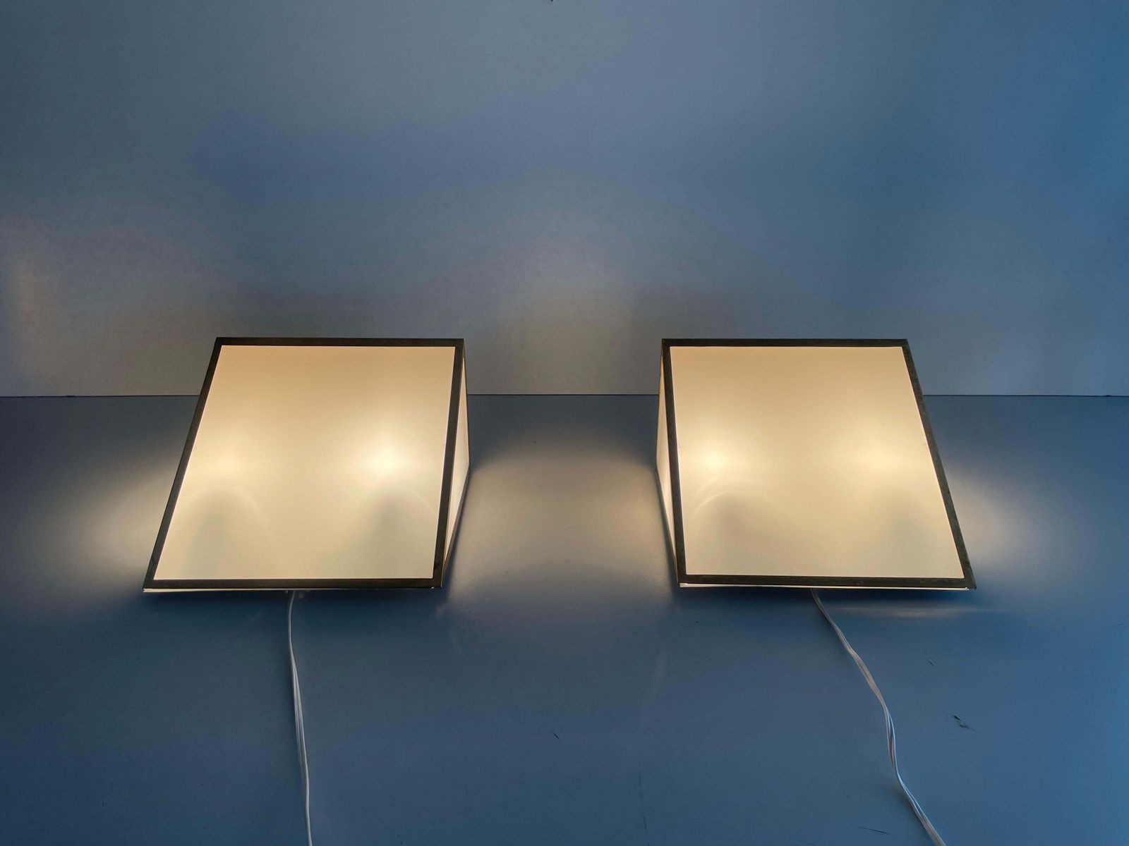 photo for sale Mid Century Glass And Brass Large Pair Of Cinema Sconces, 1950s, Italy