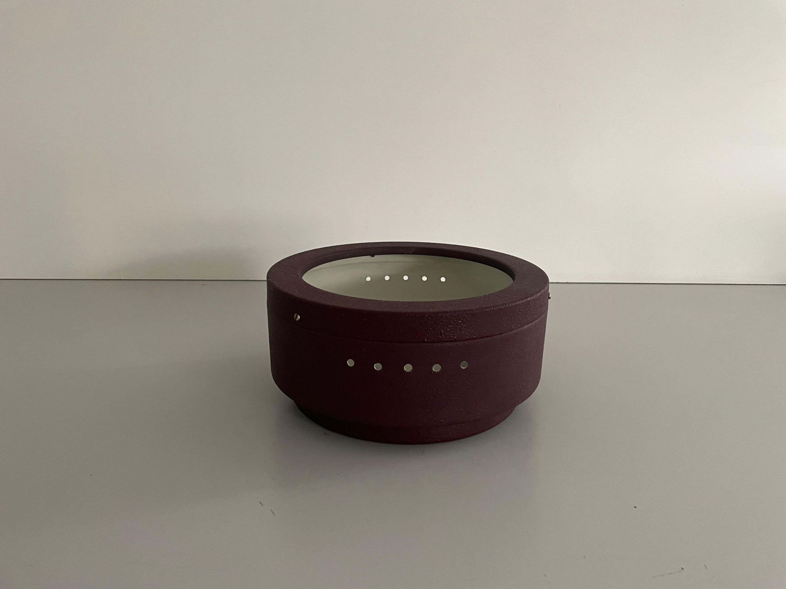 Round Glass And Purple Metal Flush Mount Ceiling Light By Luci, 1960s, Italy photo for sale