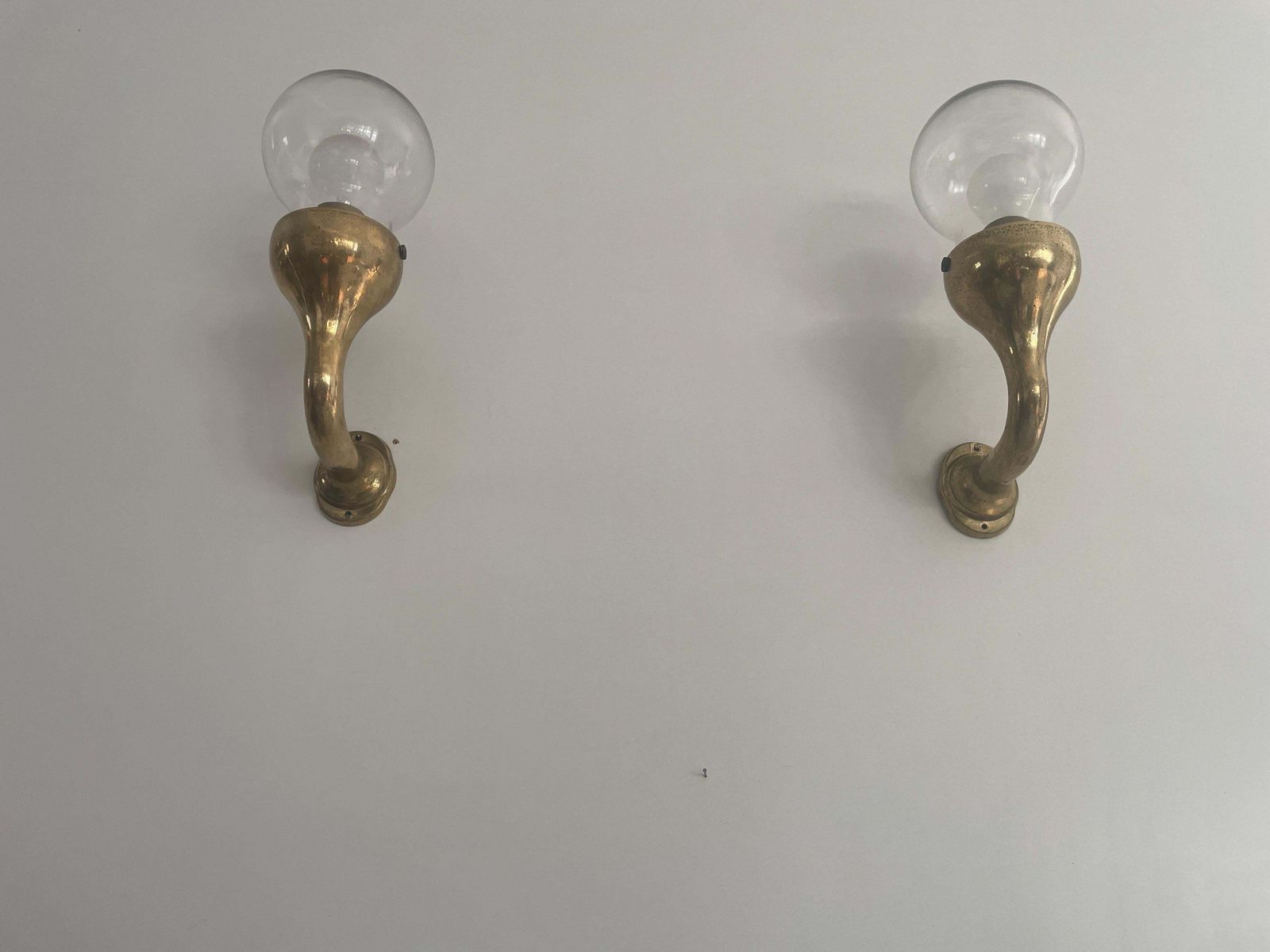 photo for sale Modernist Glass And Brass Body Pair Of Sconces, 1960s, Italy