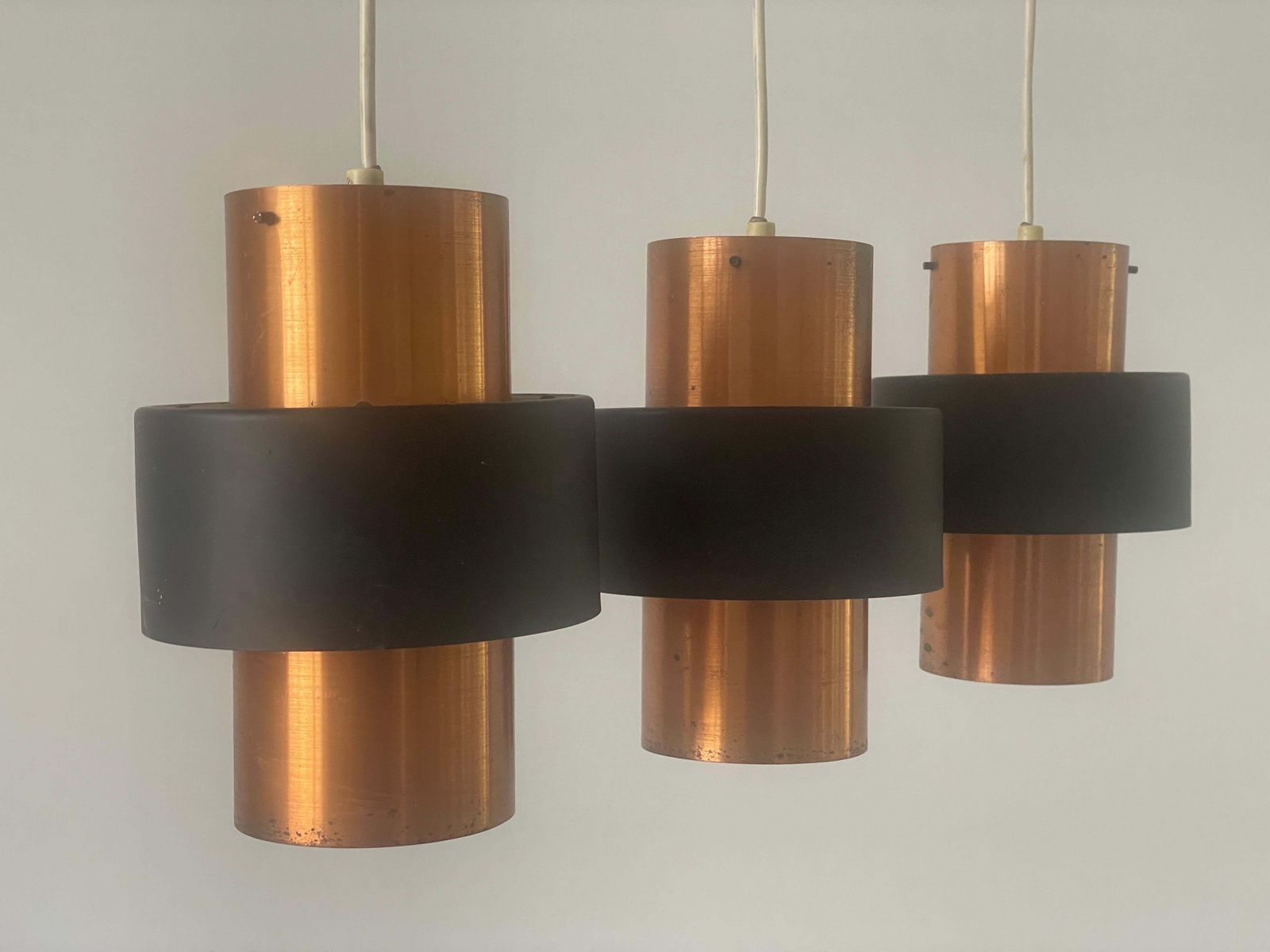 photo for sale 3 Head Enameled Black And Gold Coloured Metal Ceiling Lamp, 1970s, Germany