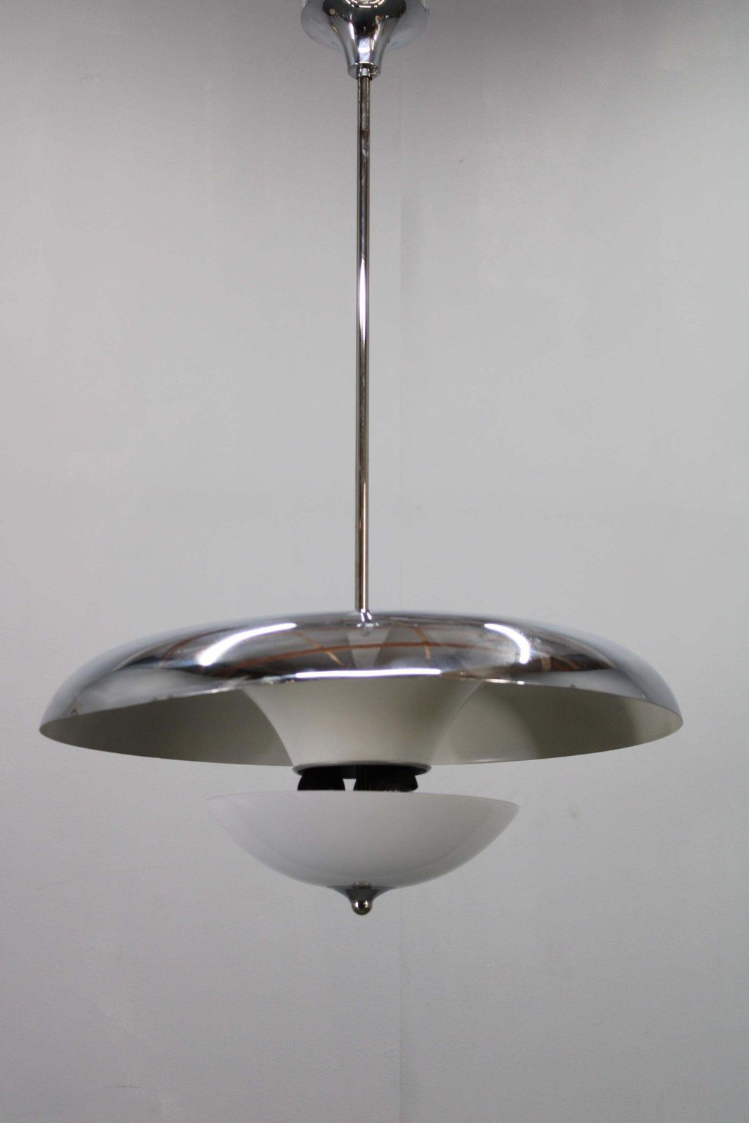 Art Deco Chrome And Opaline Glass Chandelier By Napako, 1930s photo furniture