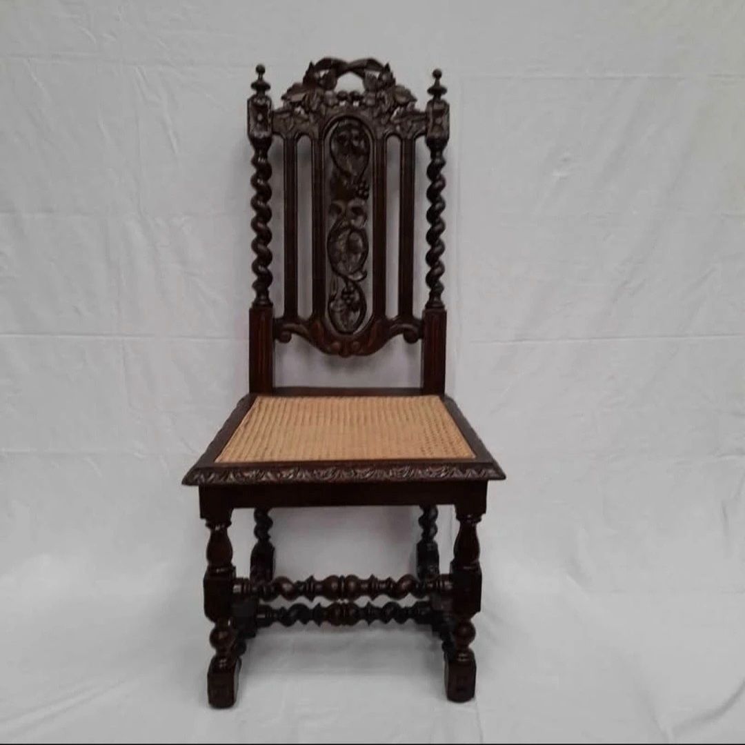 Late 19th Century Victorian Carved Oak Barley Twist Chair, Professionally Restored