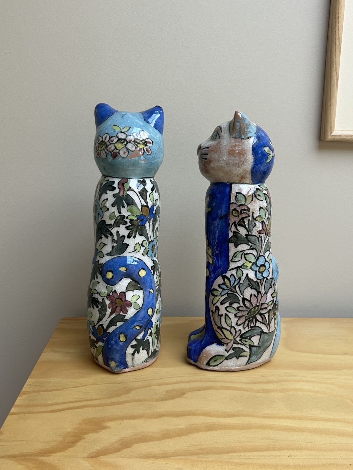 Persian Ceramic Cats (Sold In Pair), Hand Painted And Glazed. Stunning photo Art