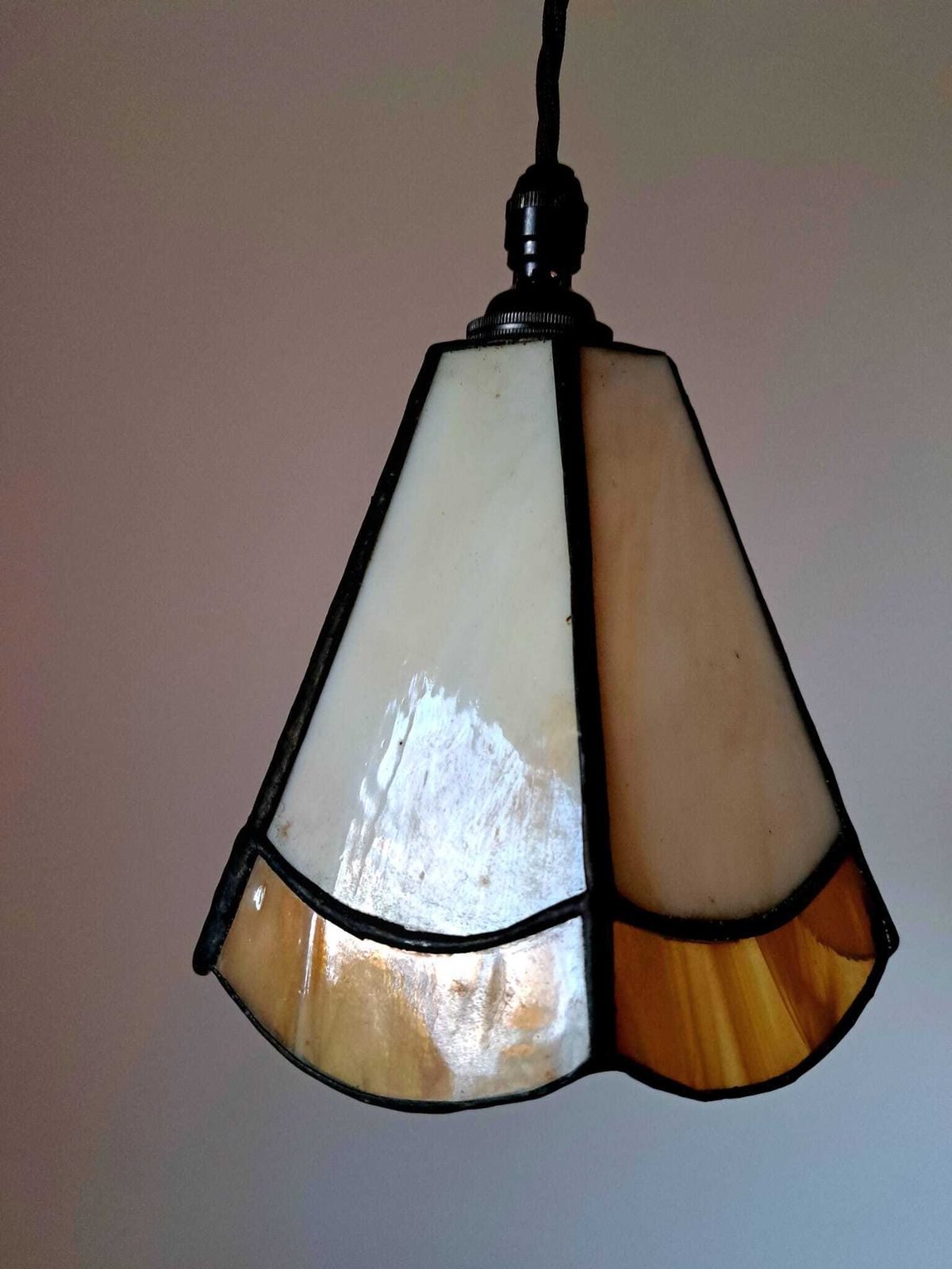 Art Deco Pendant Light In A Brown & Cream Opaline, Original 1930s