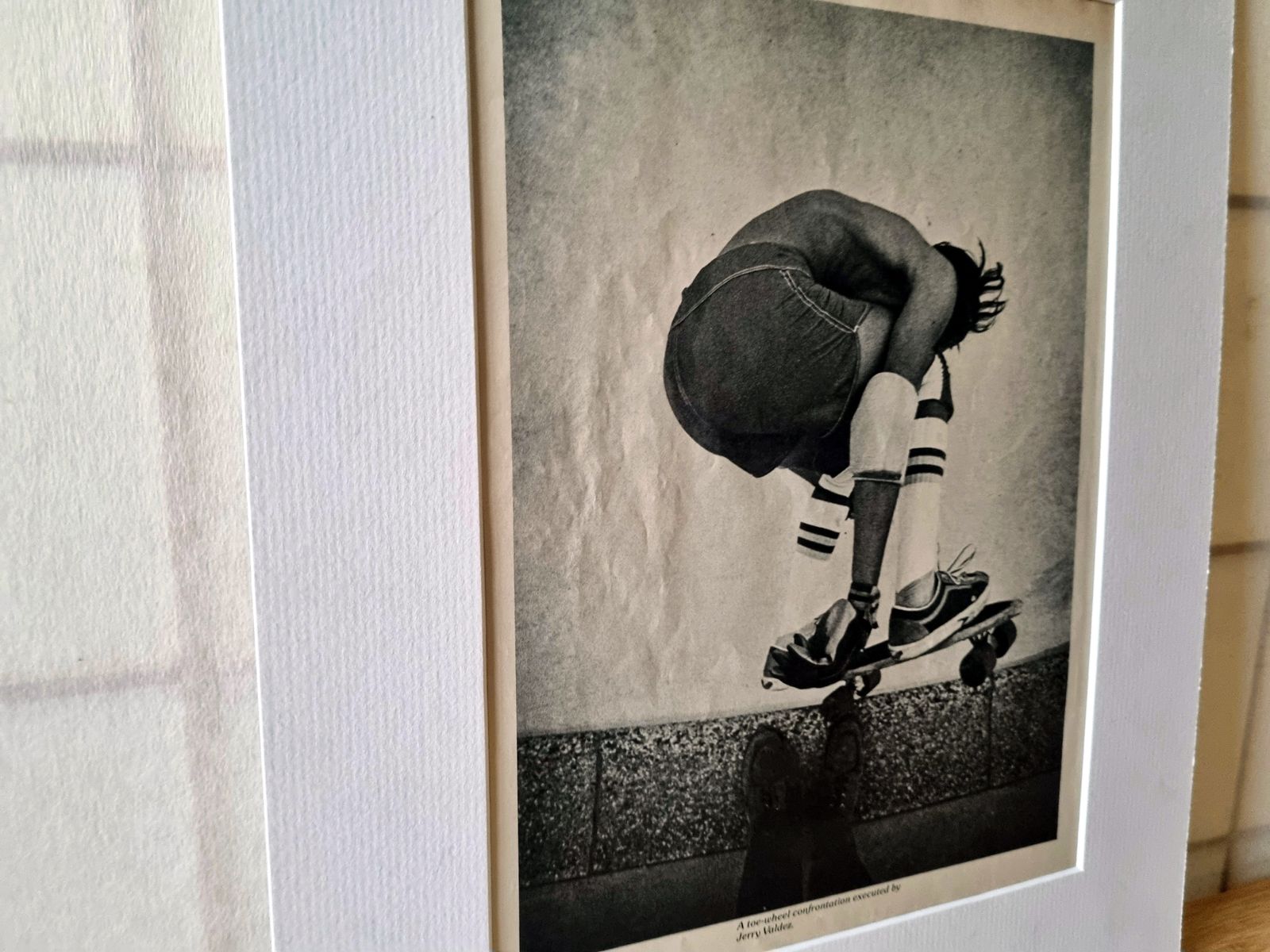 Skateboard Magazine Page Mounted, Jerry Valdez Toe Wheel Confrontation, Southern California Skate Photography, 1970s Black And White Image photo for sale