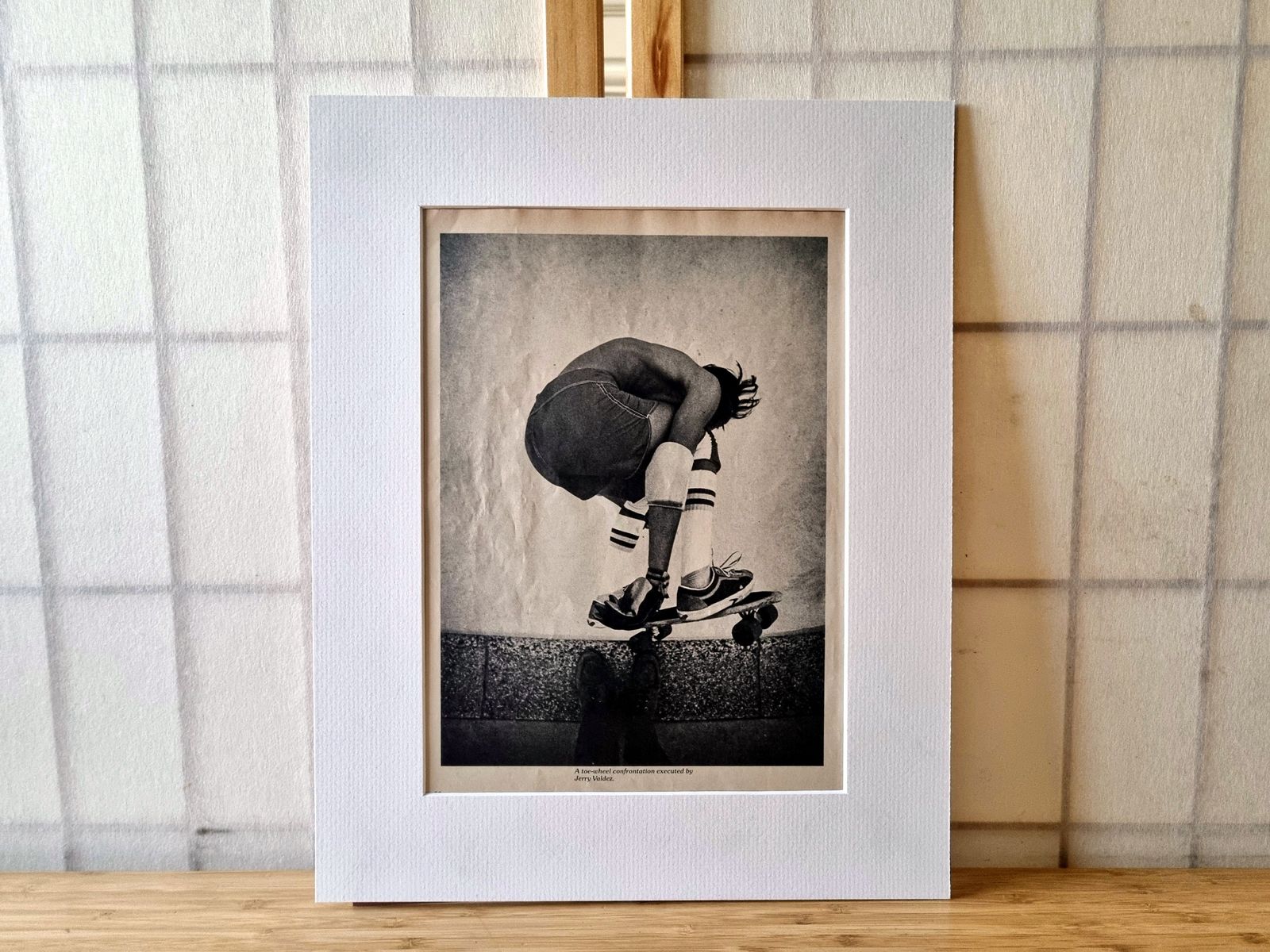 Skateboard Magazine Page Mounted, Jerry Valdez Toe Wheel Confrontation, Southern California Skate Photography, 1970s Black And White Image photo Art