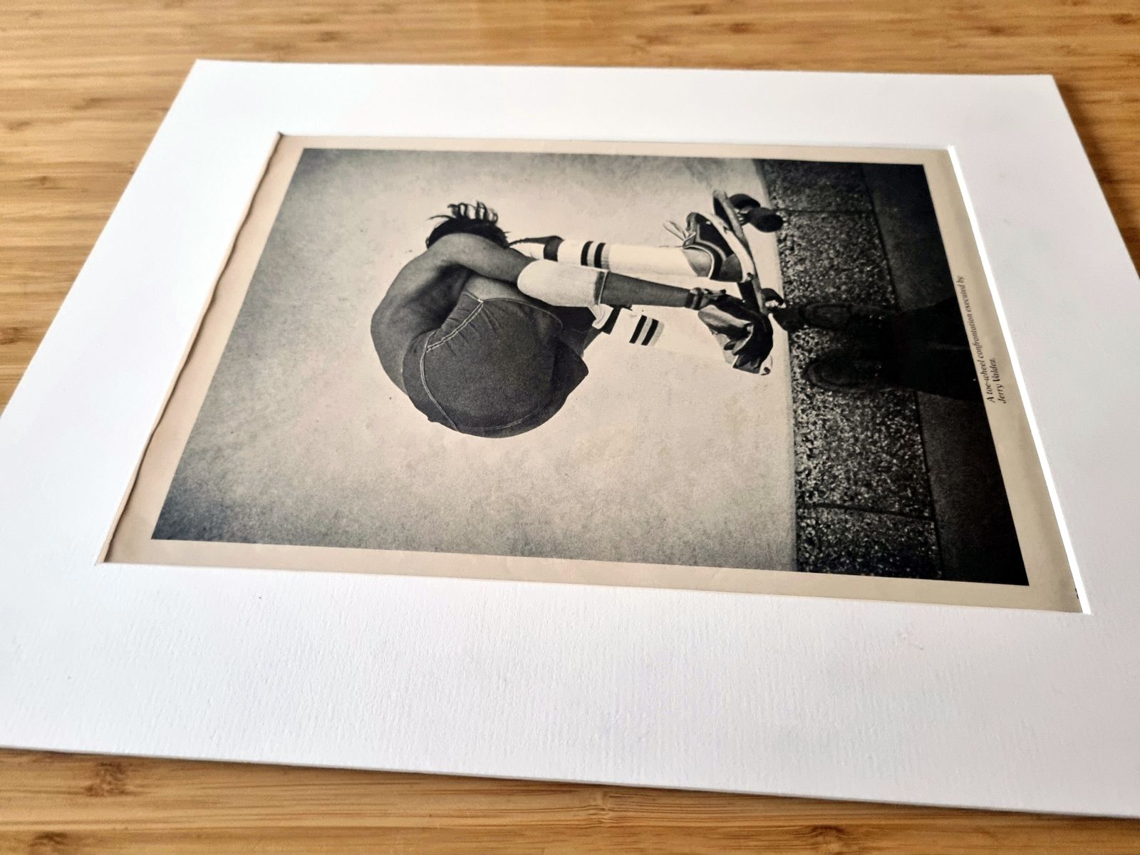 Skateboard Magazine Page Mounted, Jerry Valdez Toe Wheel Confrontation, Southern California Skate Photography, 1970s Black And White Image photo 125.0