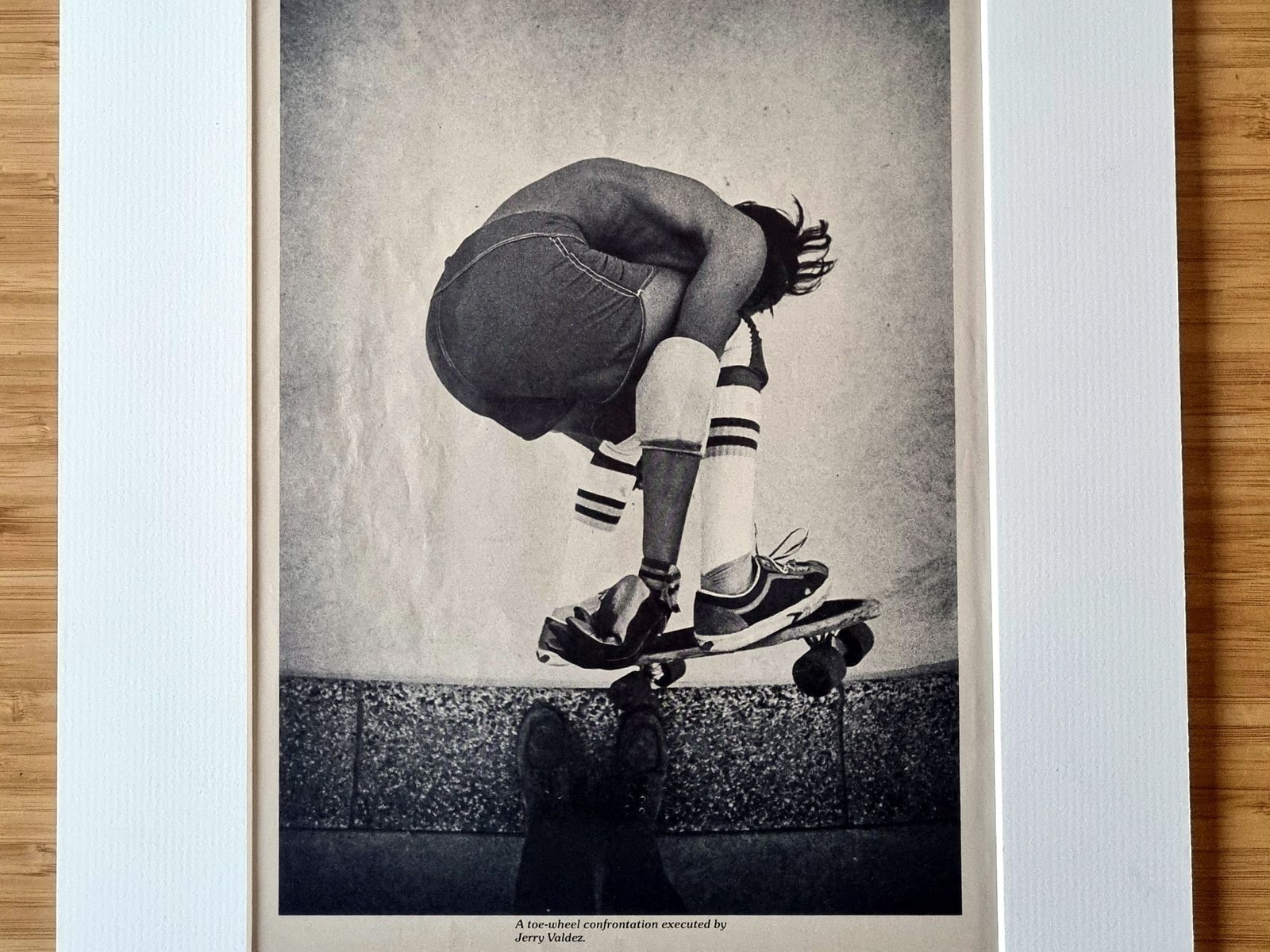 Skateboard Magazine Page Mounted, Jerry Valdez Toe Wheel Confrontation, Southern California Skate Photography, 1970s Black And White Image photo buy