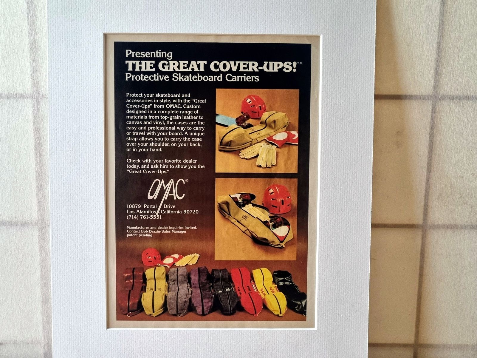 Skateboard Magazine Advertisement Mounted, Omac Protective Skateboard Carriers, Southern California Skate Gear, 1970s Skate Culture photo 125.0