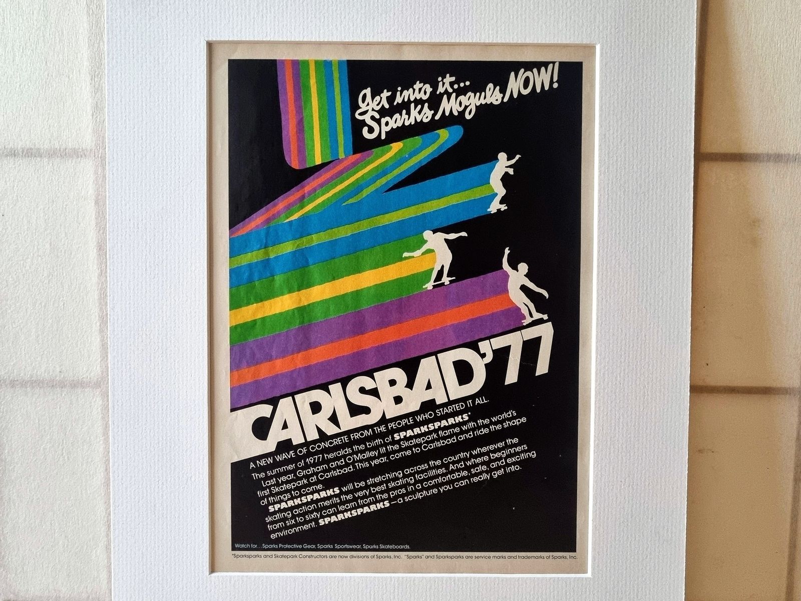 Skateboard Magazine Advertisement Mounted, Carlsbad 77 Sparks Skateboards, California Skate Culture Art, Retro 1970s Graphic Design photo furniture