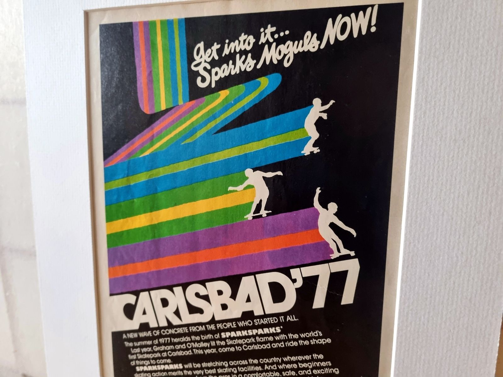 Skateboard Magazine Advertisement Mounted, Carlsbad 77 Sparks Skateboards, California Skate Culture Art, Retro 1970s Graphic Design photo for sale
