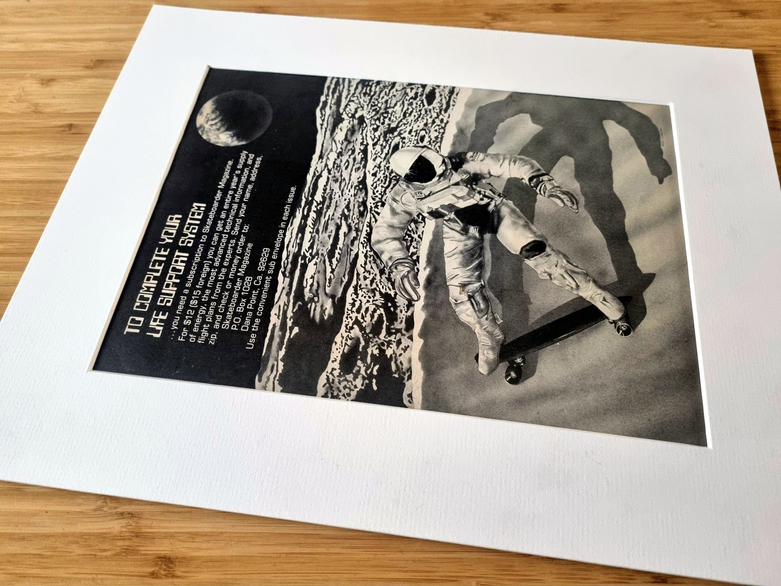 Retro Space Art, Skateboard Magazine Advertisement Mounted, Ron Larson Artist Illustration, 1970s Sci Fi Skate Culture, Sci Fi photo for sale
