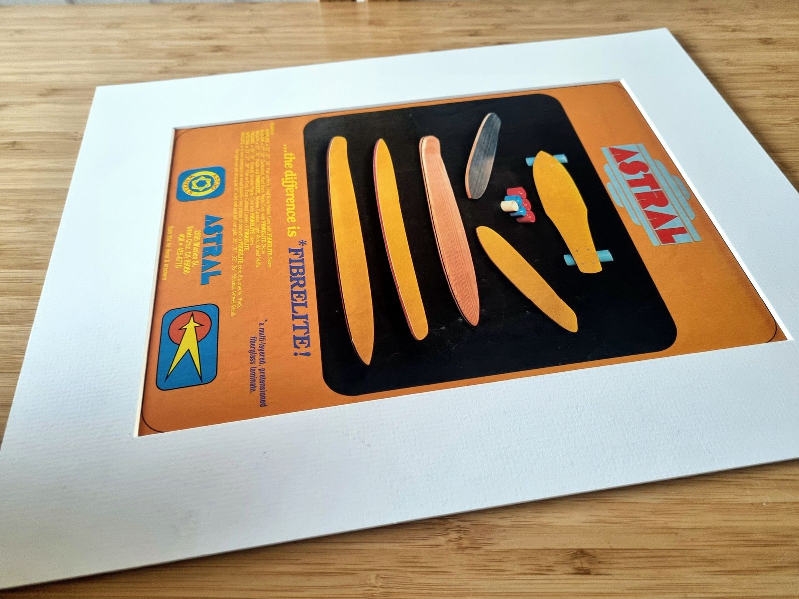 Skateboard Magazine Advertisement Mounted, Astral Fibrelite Deck, California Skate Art, 1970s Graphic Design, Retro Teen Bedroom Wall Decor photo furniture