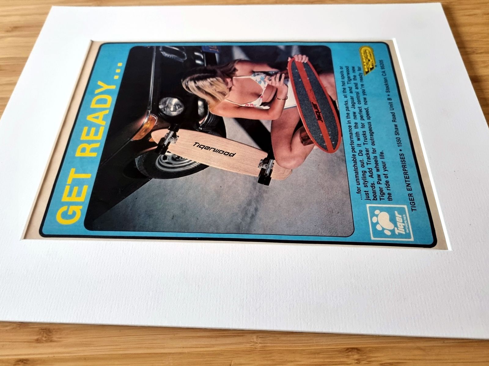 70s Bikini Shot Skate Lifestyle, Skateboard Magazine Advertisement Mounted, Tiger Enterprises Get Ready Graphic, California Youth Style photo furniture