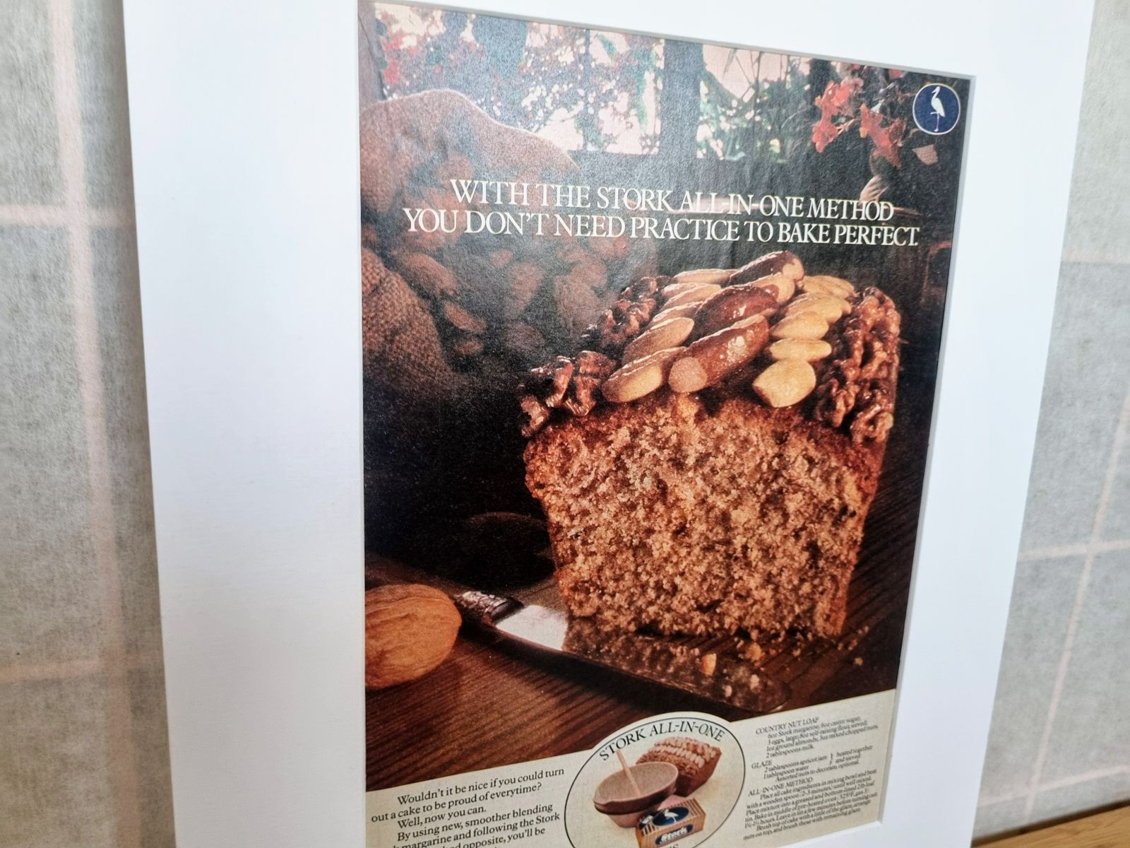 Food Magazine Advertisement Mounted, Stork Baking Loaf Cake Image, British Retro Kitchen Wall Art, 1970s Grocery Advertising photo for sale