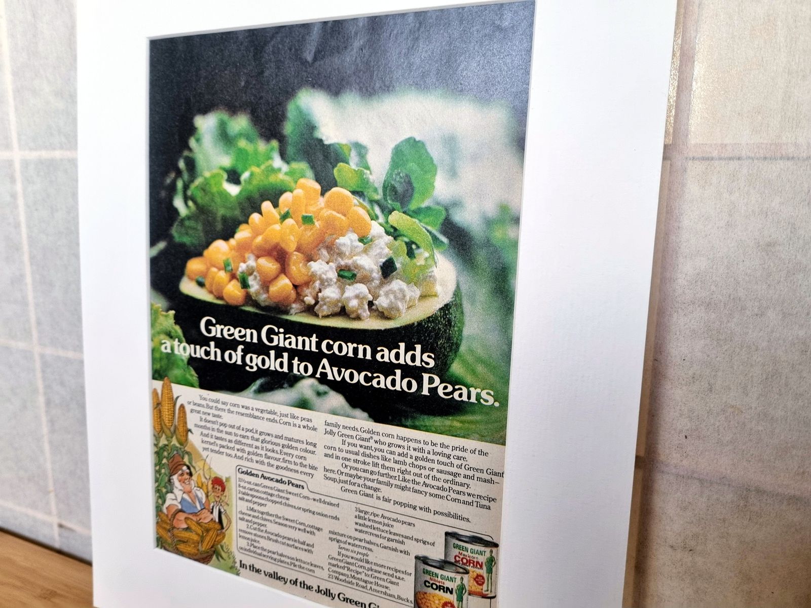 Food Magazine Advertisement Mounted, Green Giant Corn Avocado Pears, 1970s Retro Kitchen Wall Art, Mid Century Grocery Style photo furniture