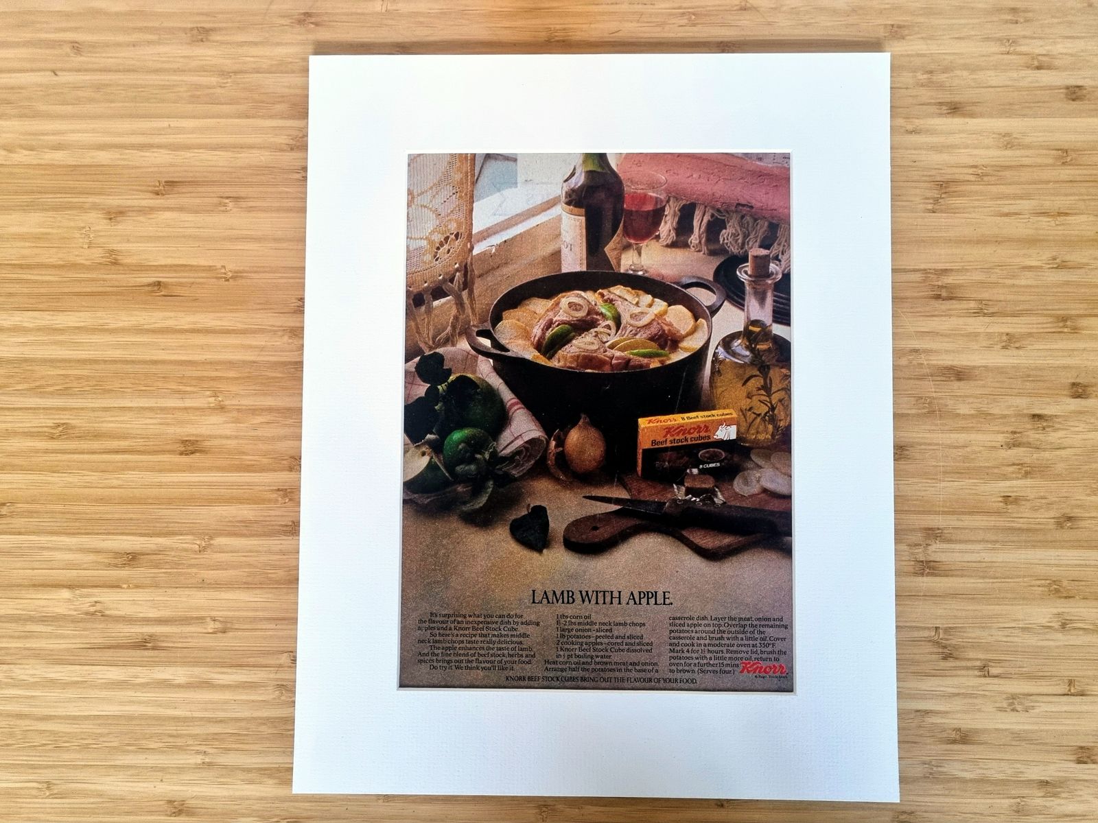 Food Magazine Advertisement Mounted, Lamb With Apple Recipe Image, British Kitchen Wall Art, 1970s Food photo for sale