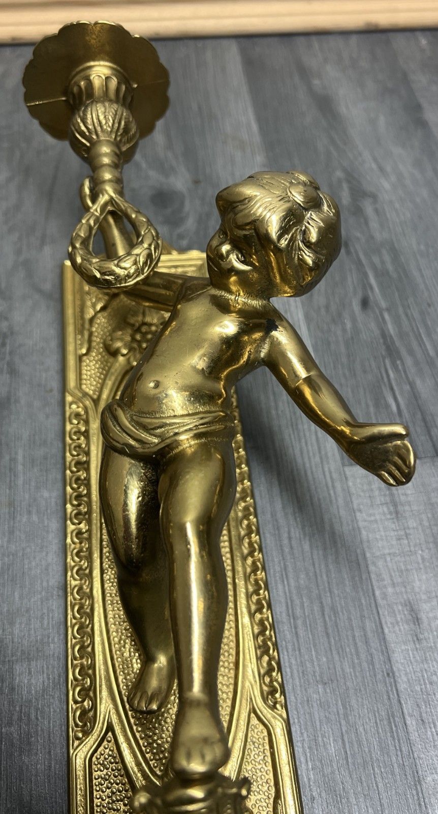 Wall Candle Holder Vintage French Style Sconce Pair Brass Cherub Lot 4665 photo vintage