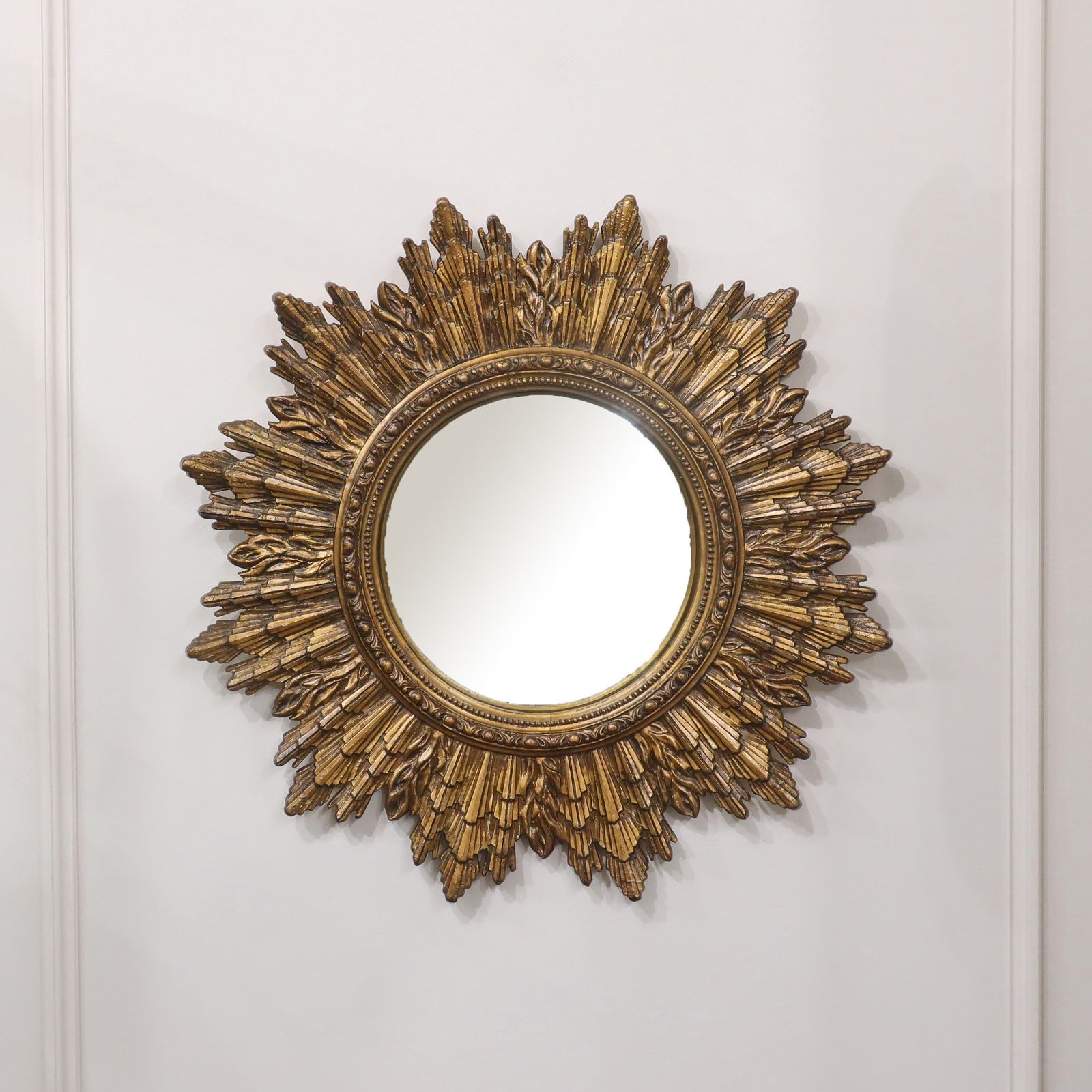 Mid Century Giltwood Sunburst Convex Wall Mirror