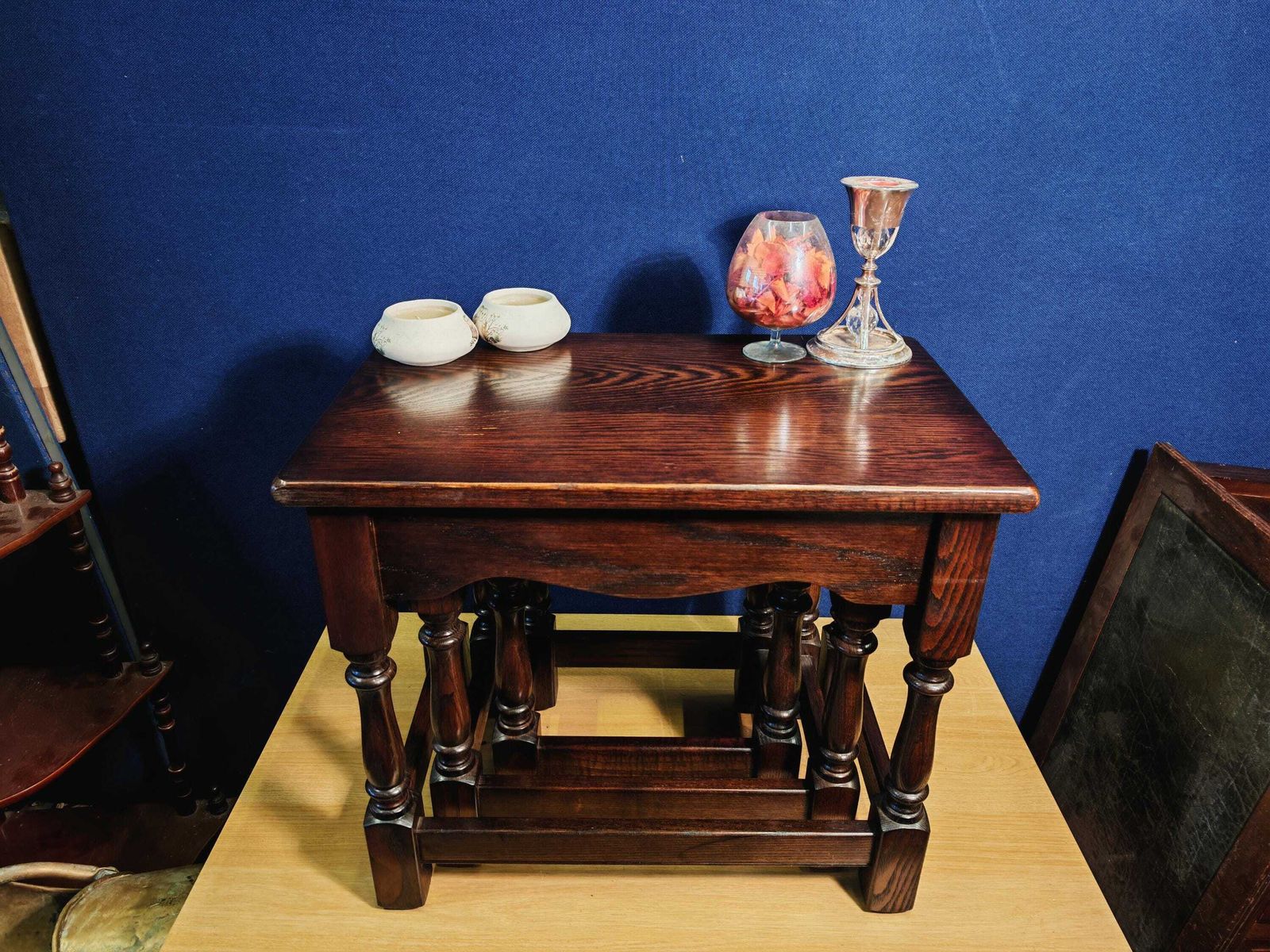 Vintage Mahogany Effect Interlocking Nest Of Three Tables With Felt Padding Likely 1970s Or 1980s photo furniture
