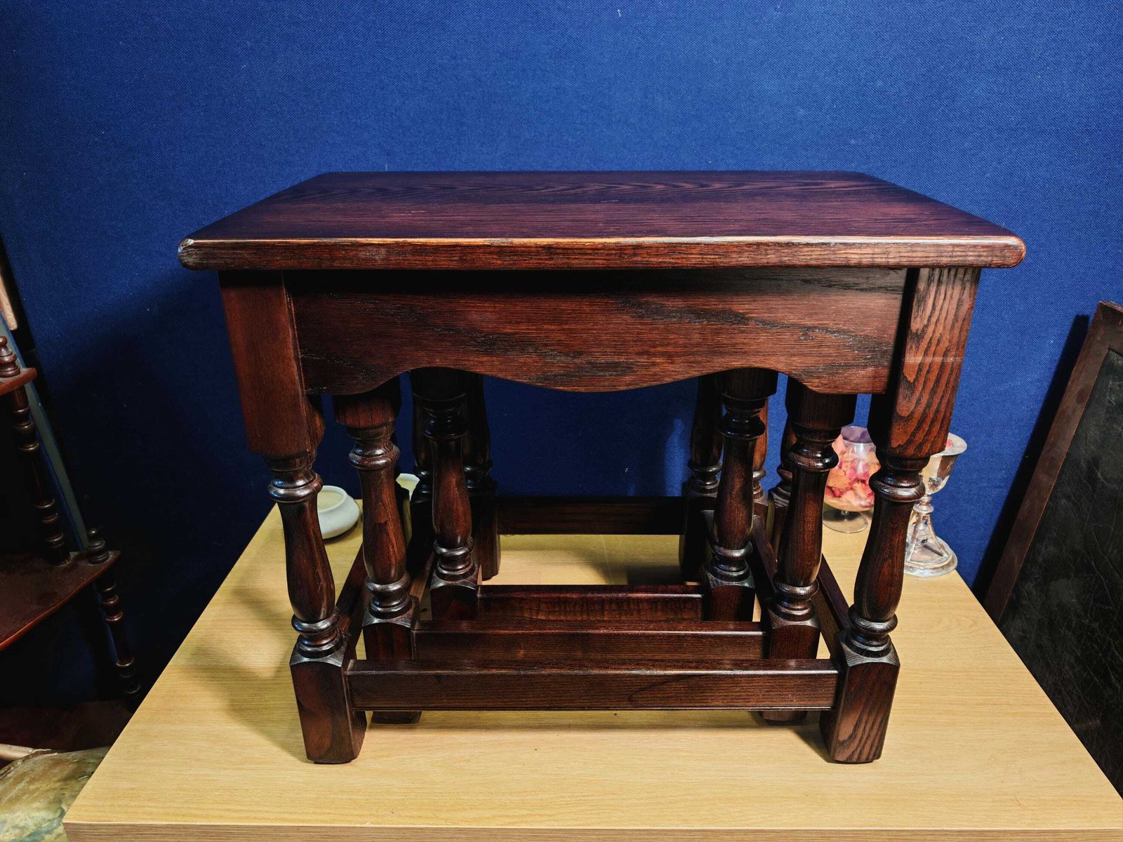 Vintage Mahogany Effect Interlocking Nest Of Three Tables With Felt Padding Likely 1970s Or 1980s photo Furniture
