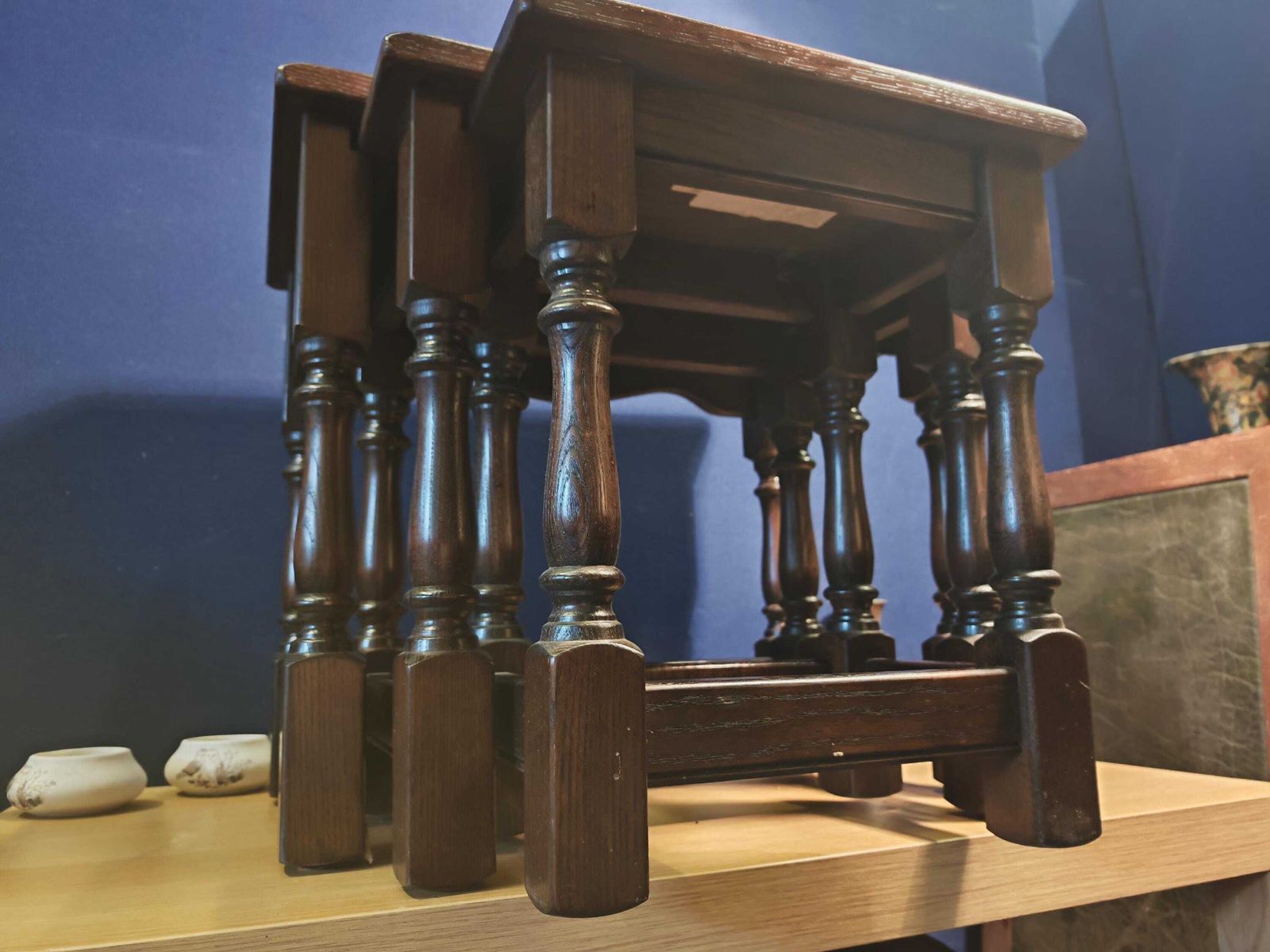 Vintage Mahogany Effect Interlocking Nest Of Three Tables With Felt Padding Likely 1970s Or 1980s photo 138.0