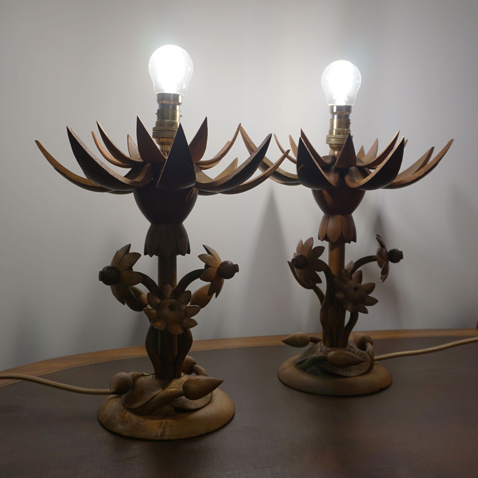 Mid Century Teak Pair Lotus Lamps X2 Pair Thai Indonesian Handmade Ooak Design photo Lighting
